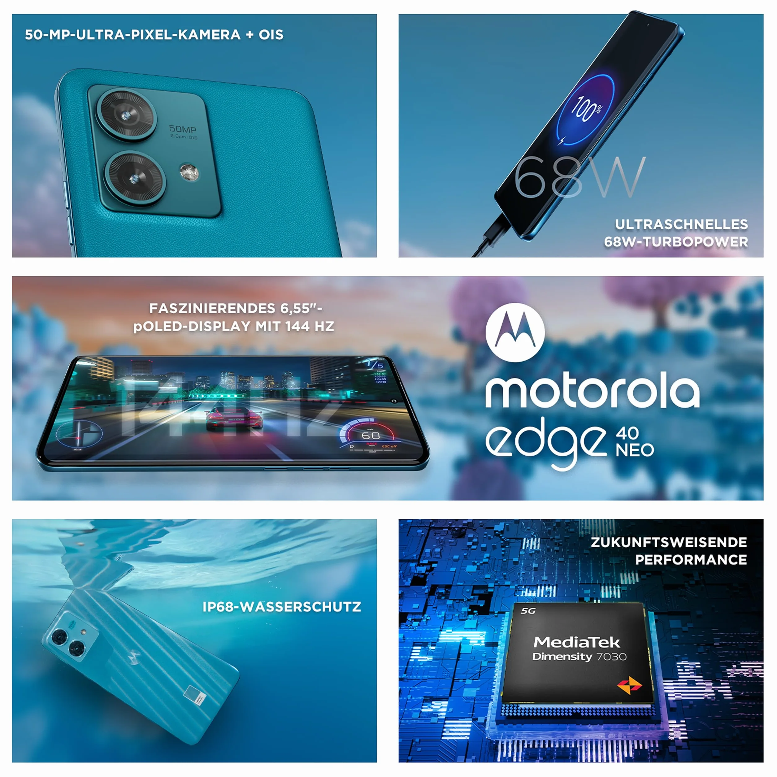 Motorola - Moto Edge40 Neo, smartfon, wyświetlacz FHD+ 6,55", aparat 50 MP, 12/256 GB, 5000 mAh, Android 13, Caneel Bay (jasnoniebieski), z etui ochronnym + adapterem samochodowym [Ekskluzywnie na