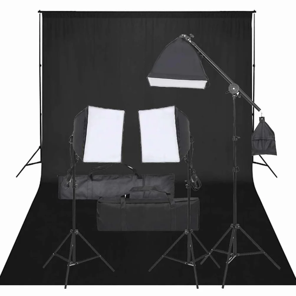 Zestaw do studia fotograficznego ze światłem ciągłym LED, softboxy 40 x 40 cm, aluminiowe statywy 78-210 cm, światło dzienne 5600 K, tło 500 x 300 cm, torby do noszenia, oświetlenie do