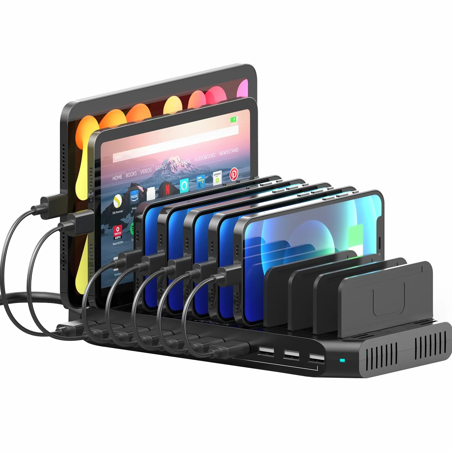 SUIDEK 10-portowa stacja ładująca, ładowarka USB 60 W do wielu urządzeń z regulowanymi ściankami działowymi, kompatybilna z tabletami, smartfonami