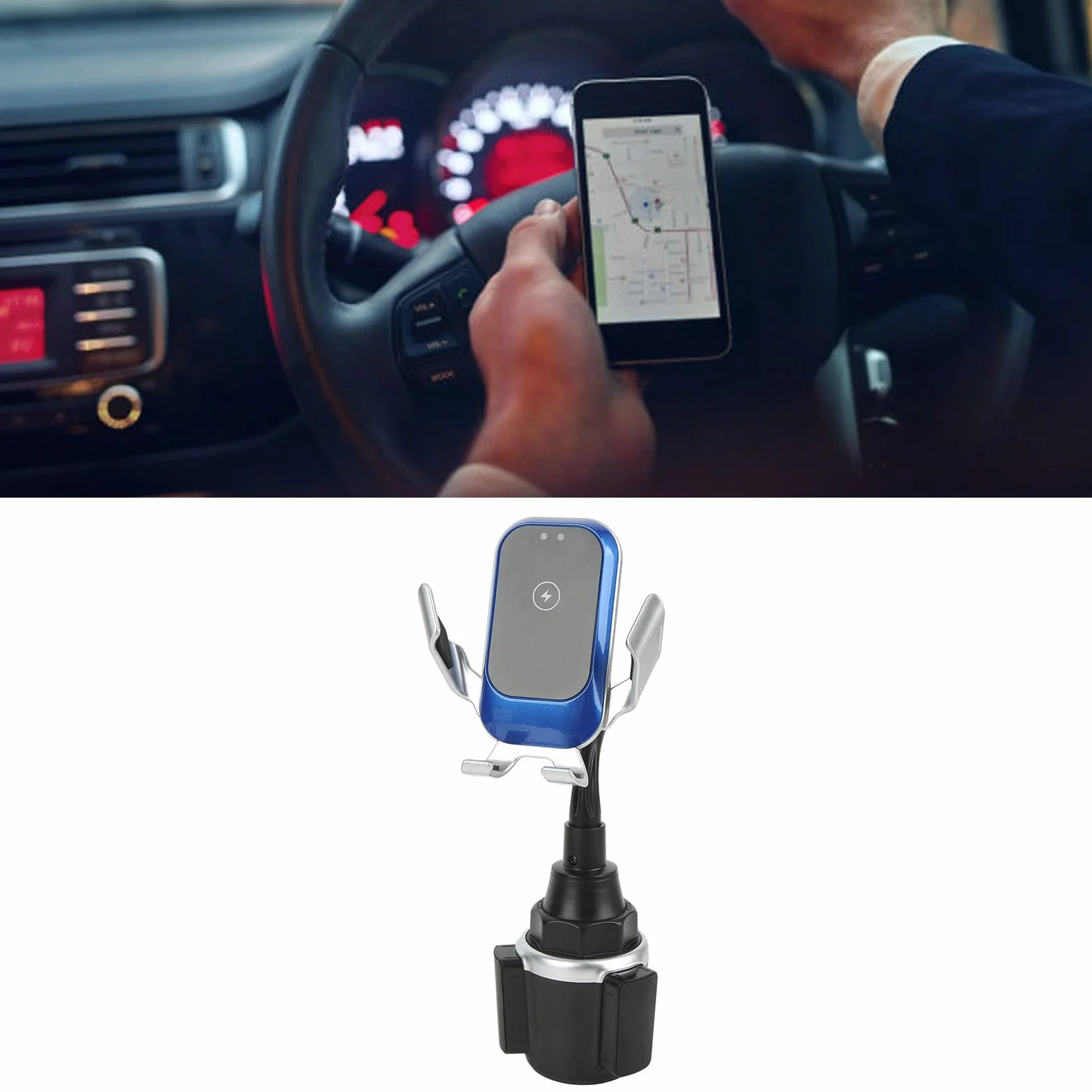 Uchwyt na kubek, bezprzewodowa ładowarka samochodowa, uniwersalne automatyczne mocowanie, regulacja 360°, uchwyt na telefon do iPhone (niebieski)