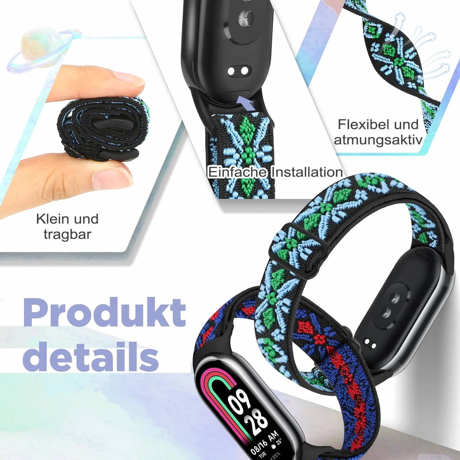 Bcuckood Elastyczna bransoletka kompatybilna z Xiaomi Smart Band 9 / Xiaomi Smart Band 8, dla kobiet i mężczyzn, rozciągliwa, elastyczna nylonowa bransoletka zamienna do Xiaomi Mi 9/8, 3 sztuki