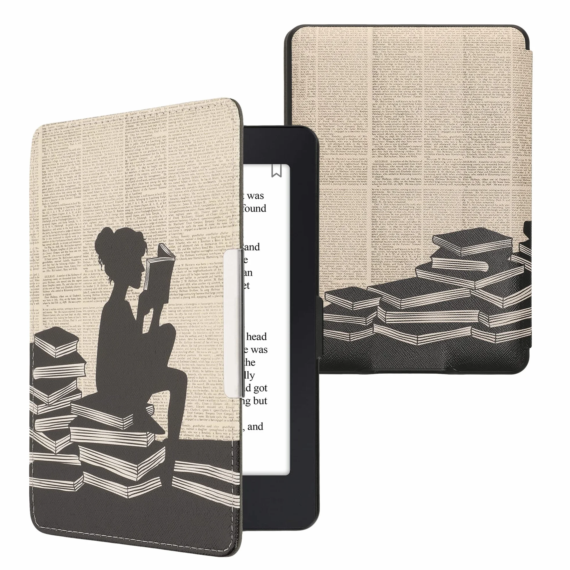 kwmobile Etui z klapką do czytnika e-booków Amazon Kindle Paperwhite (do modeli do 2017) – czytelna kobieta, czarno-beżowe