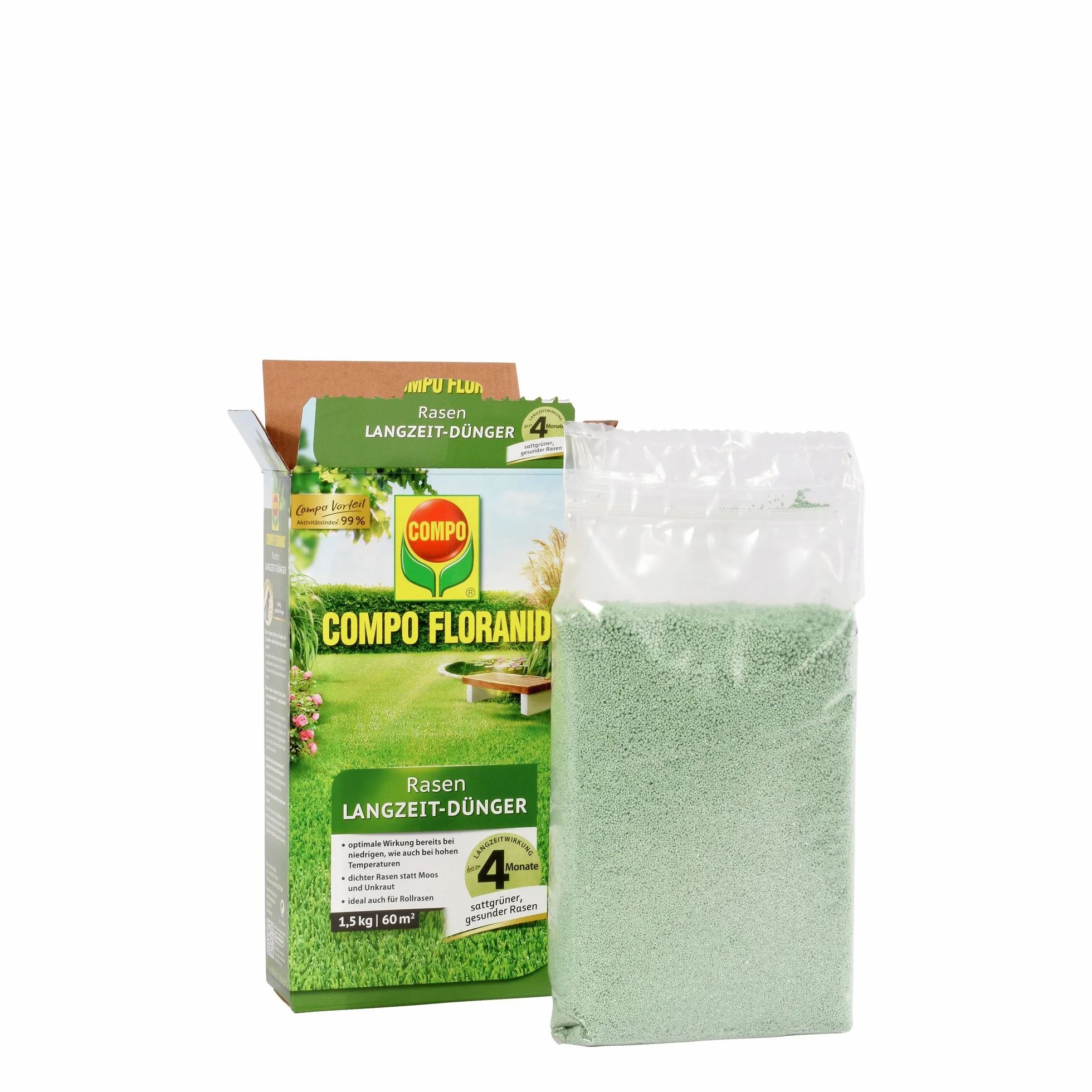 COMPO Nawóz do trawnika długotrwałe działanie 4 miesiące drobny granulat 1,5 kg 60 m²