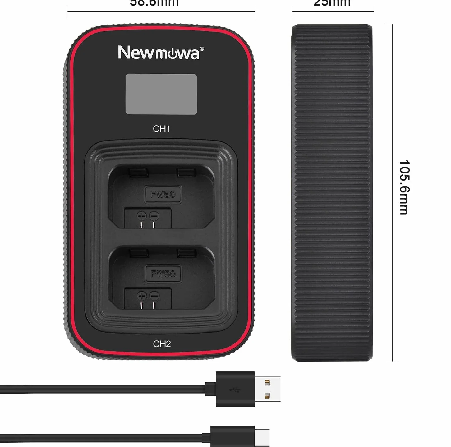 Newmowa Inteligentny wyświetlacz LCD podwójna ładowarka USB do Sony NP-FW50, Sony Alpha a3000, Alpha a5000, Alpha a5100, a6000, a6100, a6300, a6400, a6500, Alpha 7, a7, Alpha 7R, A7R, Alpha 7S, a7S