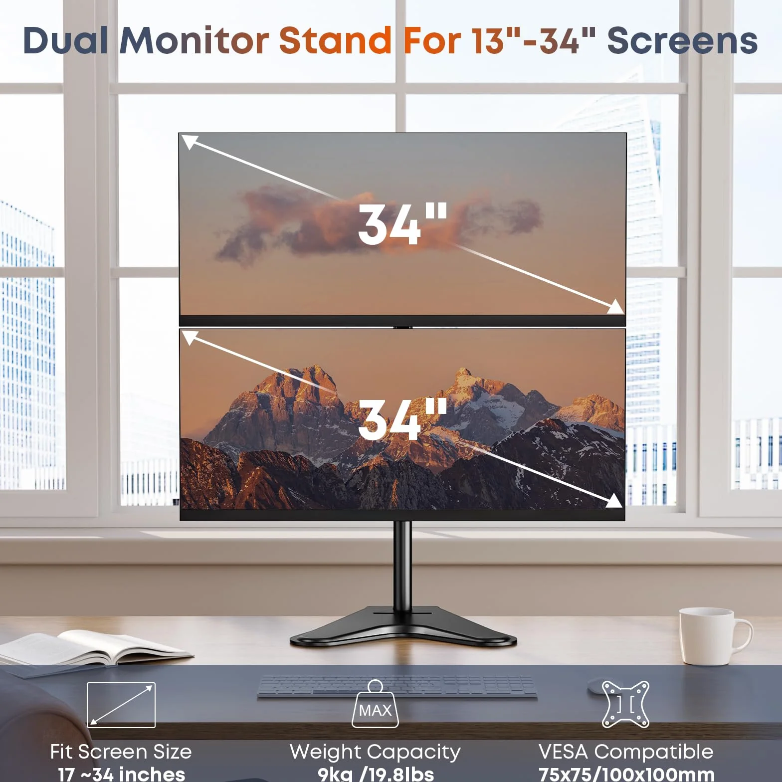 PUTORSEN Wolnostojący pionowy regulowany podwójny monitor uchwyt, podwójny monitor 13"-34" (pręt o wysokości 81,5 cm), kompatybilny z VESA 75100, maksymalna waga 9 kg