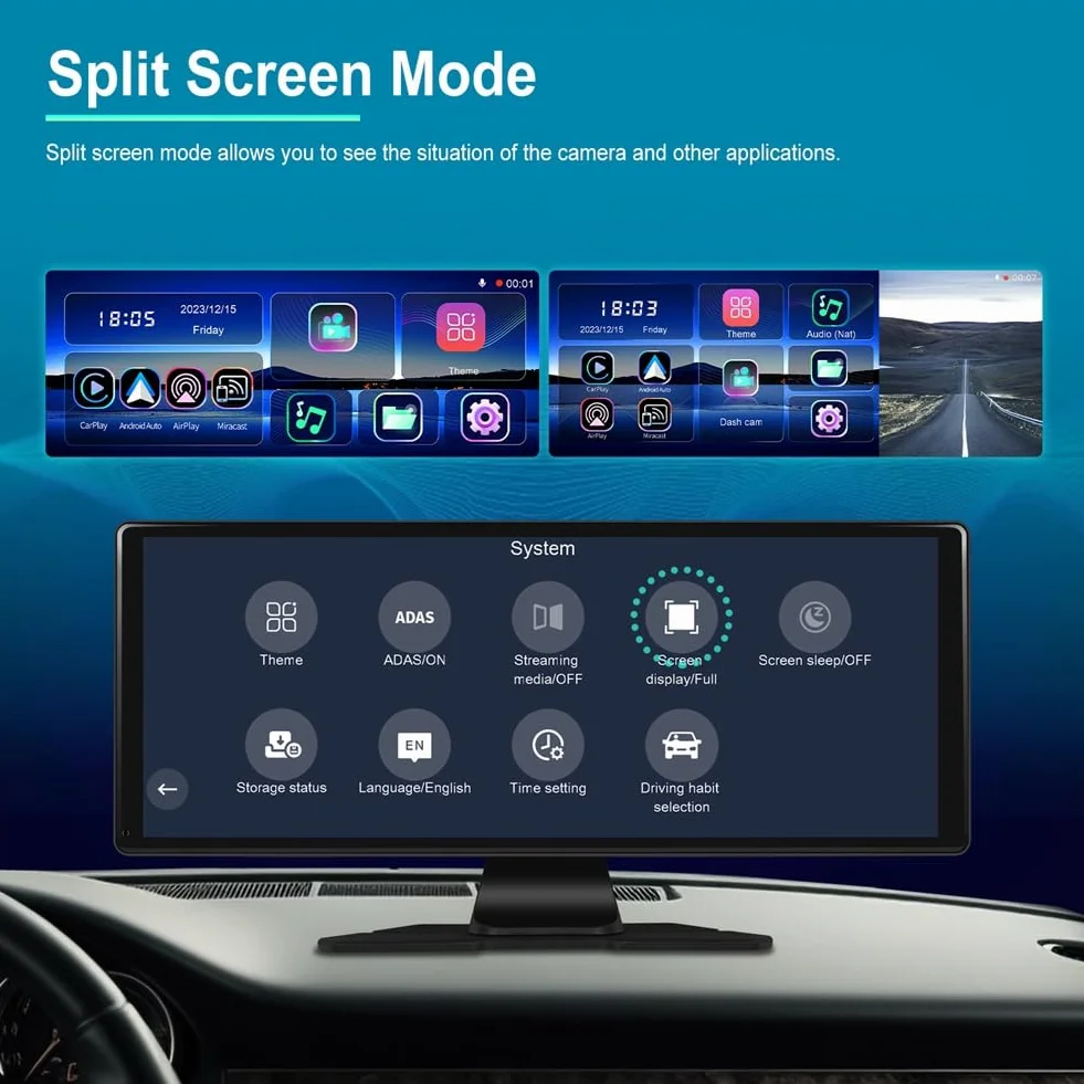 Przenośny inteligentny samochodowy odtwarzacz multimedialny 11,3 bezprzewodowy Carplay Android Auto 4K DVR kamera samochodowa ADAS lustro link Bluetooth FM zamiennik