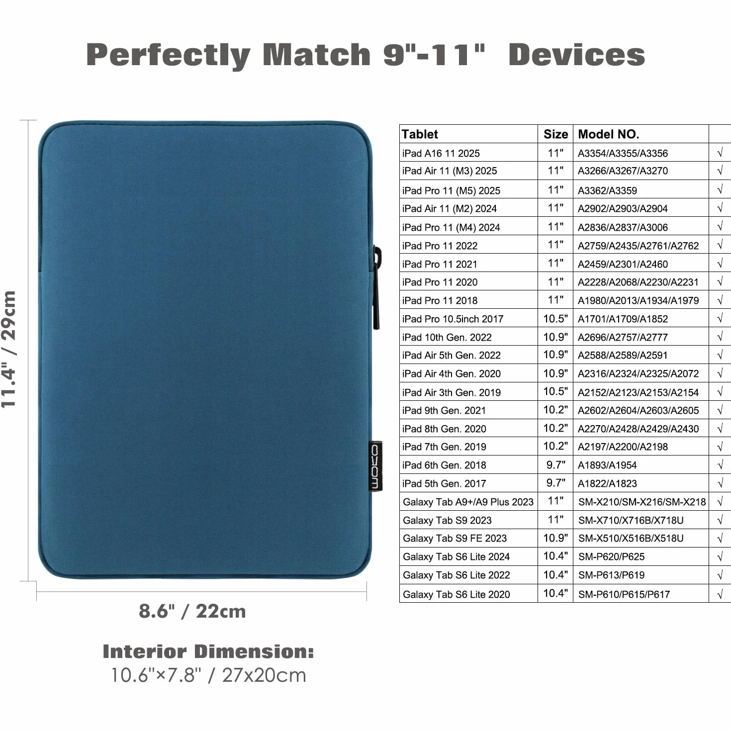 MoKo 9-11 Inch Tablet Sleeve Bag Carrying Case Fits New 11-inch iPad Pro M4/iPad Air M2 2024, iPad Air 5/4/3 10.9"/10.5", iPad Pro 11 M2, iPad 10th 10.9, iPad 9/8th Gen 10.2,Tab S8/S9 11",Peacock Blue