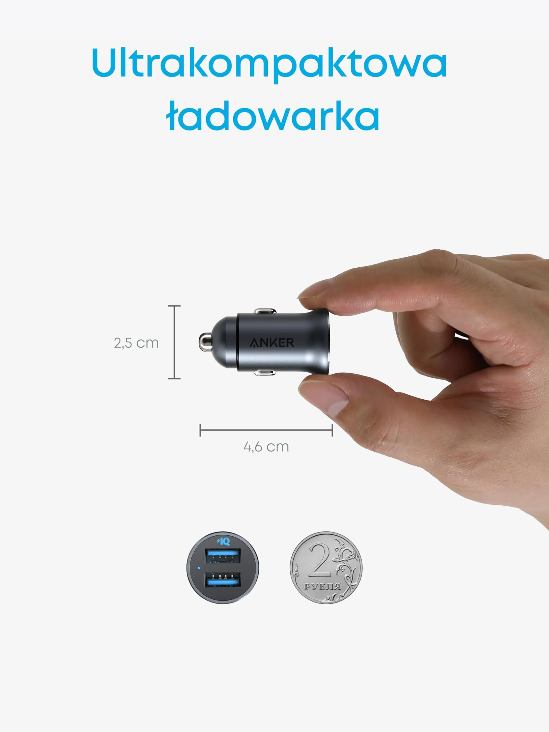 Anker 320 Ładowarka samochodowa (24W II), mini, podwójne USB z niebieską diodą LED, do iPhone13/12/11/XR/Xs, iPad Pro/Air 2/mini, Galaxy i więcej