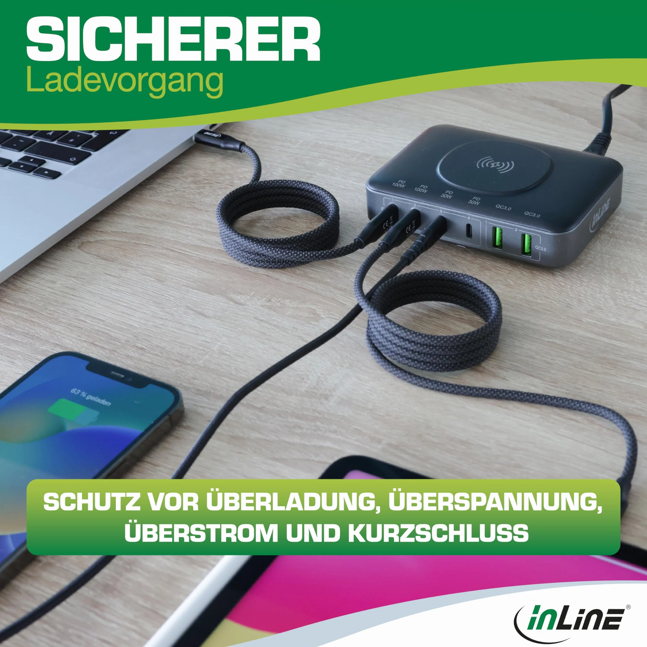 InLine Qi Powerstation 6-portowa, bezprzewodowa ładowarka, 4 x USB-C, 2 x USB-A, GaN, 100 W, szybka ładowarka, zasilacz do MacBook Pro/Air, iPhone/Pro/Mini, iPad Pro, Pixel i innych, czarna, 31517K