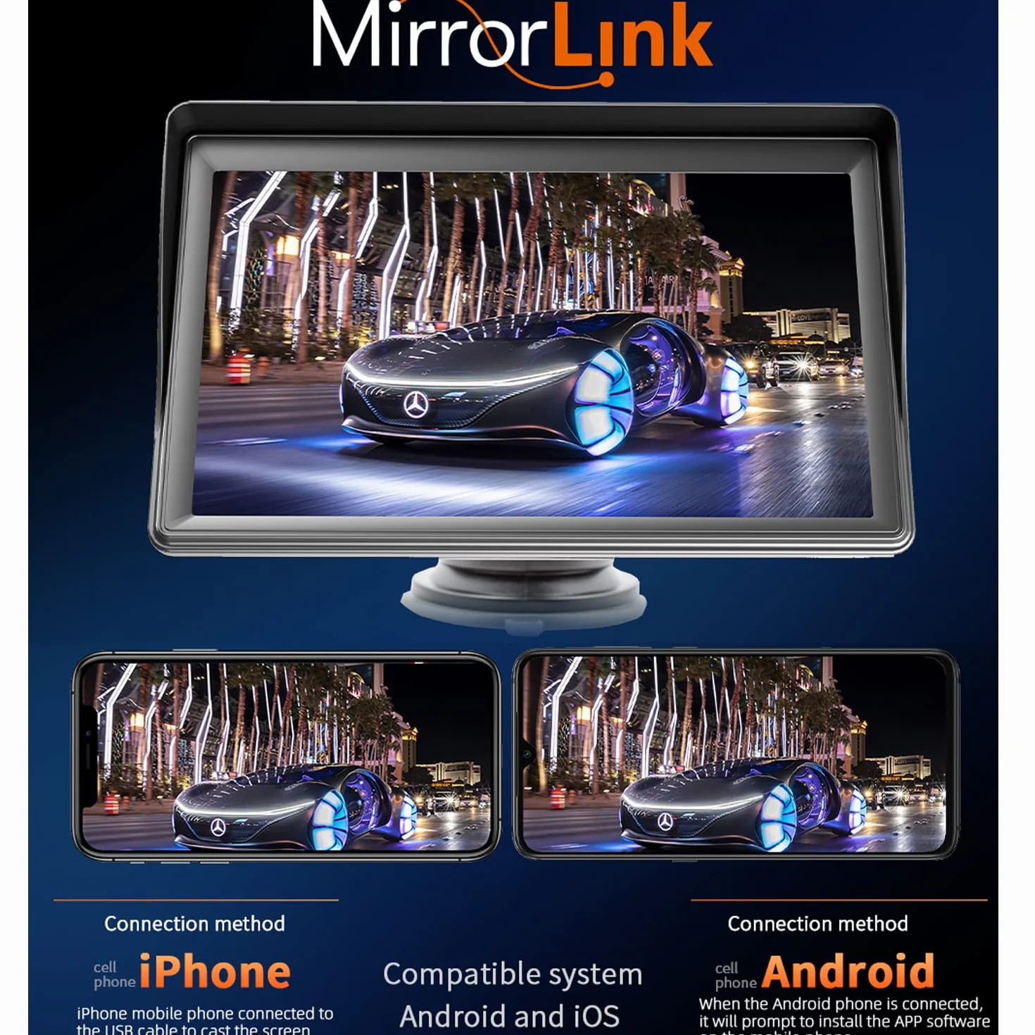 Compatible for bezprzewodowym Carplay Android Auto Przeno?ny monitor samochodowy, 7" ekran dotykowy stereo z kamer? cofania Transmiter Bluetooth FM AUX/USB/TF 9V-36V Pilot zdalnego sterowania