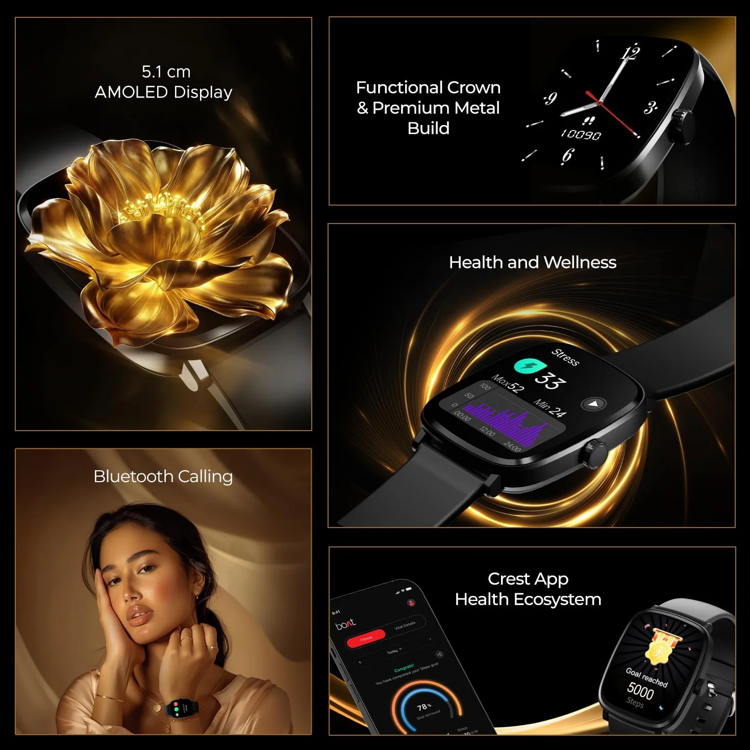 boAt Ultima Regal Smart Watch z wyświetlaczem Ultra AMOLED 2,01" (5,10 cm), jasność 1000 NITS, metalowa obudowa premium, funkcjonalna korona, zegarek Face Studio, awaryjne SOS, połączenie BT (aktywna