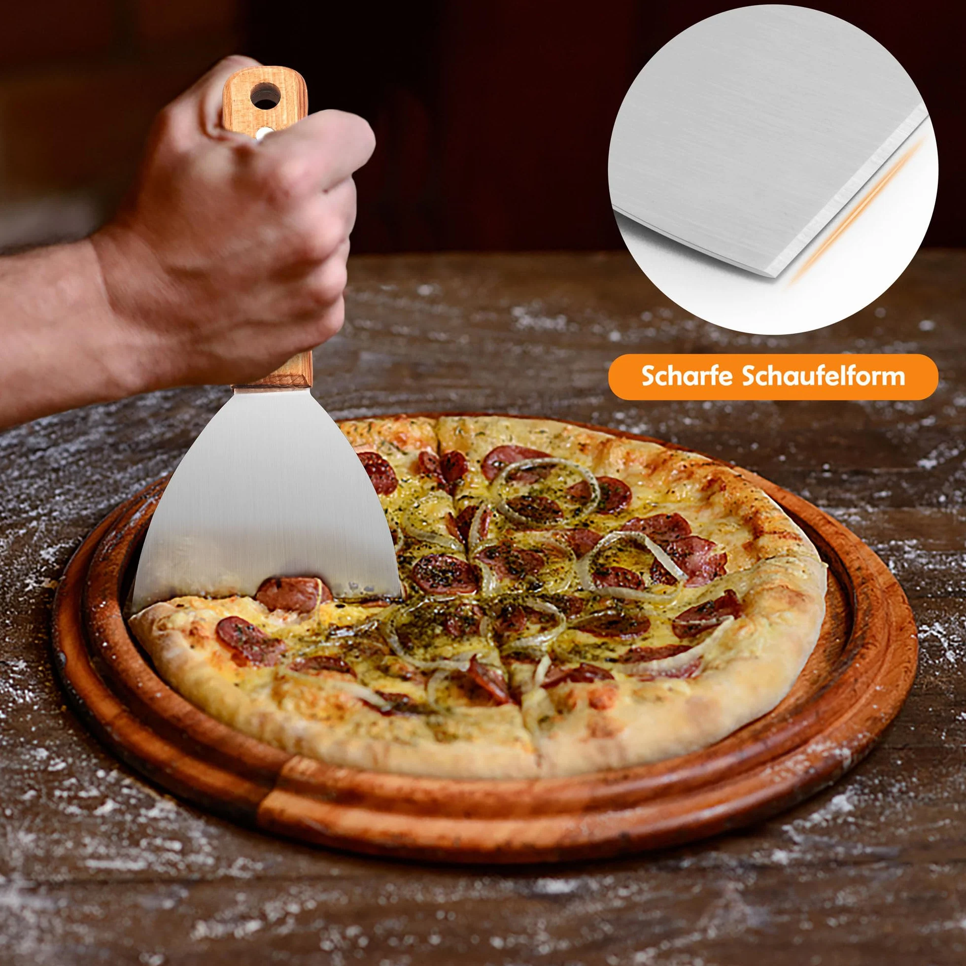 Joyfair 2 szpatułki do grilla i kuchennego gotowania, stal nierdzewna, drewniany uchwyt, łopatka do pizzy, BBQ/kuchnia, ukośna krawędź