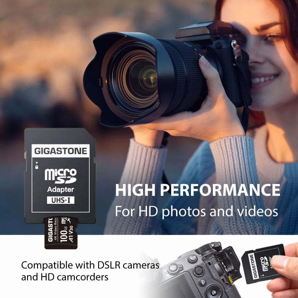 GIGASTONE Karta micro SD A1 V30 4K 100 GB, nagrywanie wideo, kompatybilna z kamerą bezpieczeństwa, kamerą pokładową, dronem, kartą pamięci microSDXC 100 MB/s UHS-I z adapterem