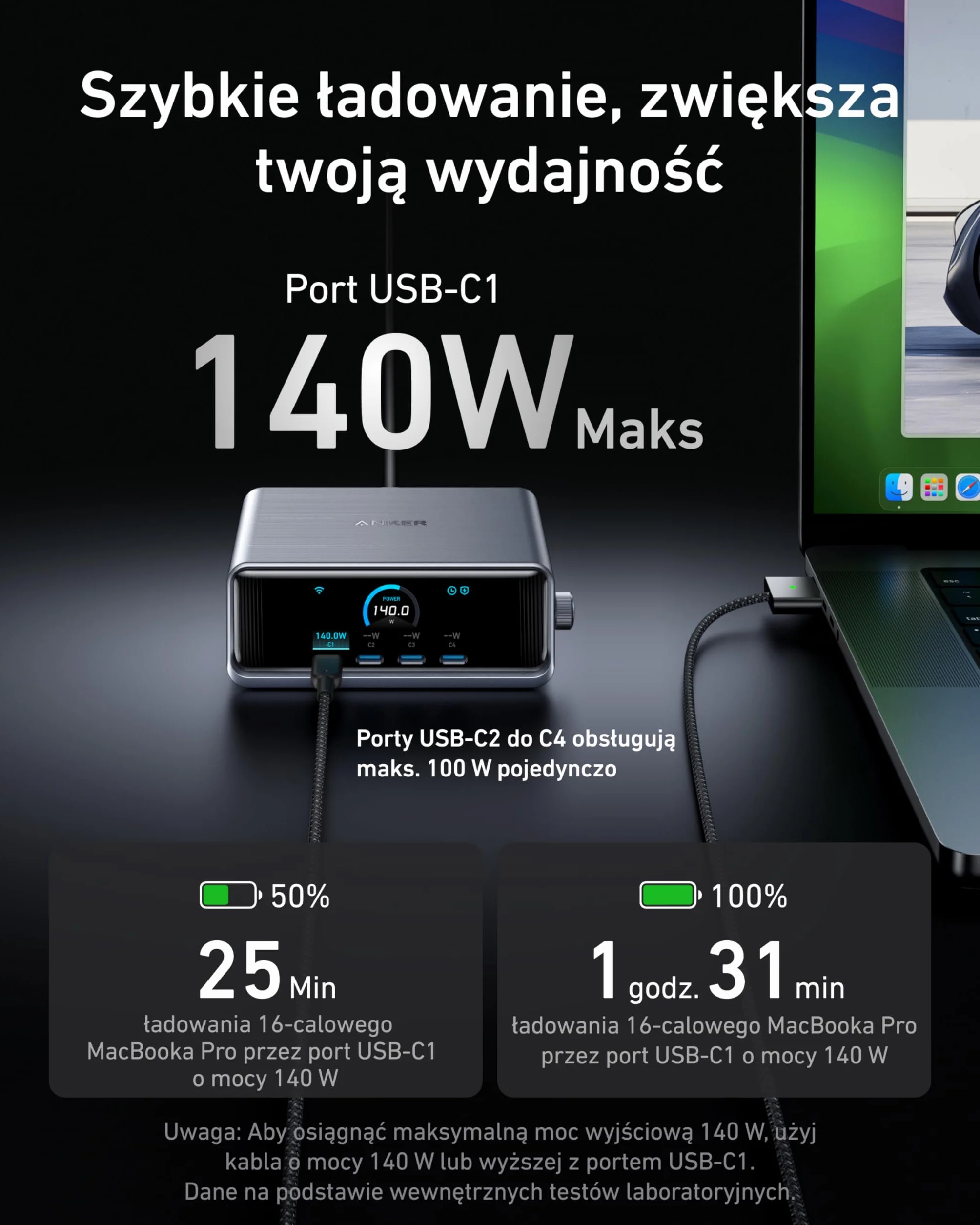 Ładowarka USB-C Anker Prime 250 W, ultraszybka 6-portowa ładowarka GaN, wyświetlacz LCD 6 cm, inteligentny kontroler, kompatybilna z MacBook, iPhone 16/15/14, Pixel, Galaxy i innymi urządzeniami