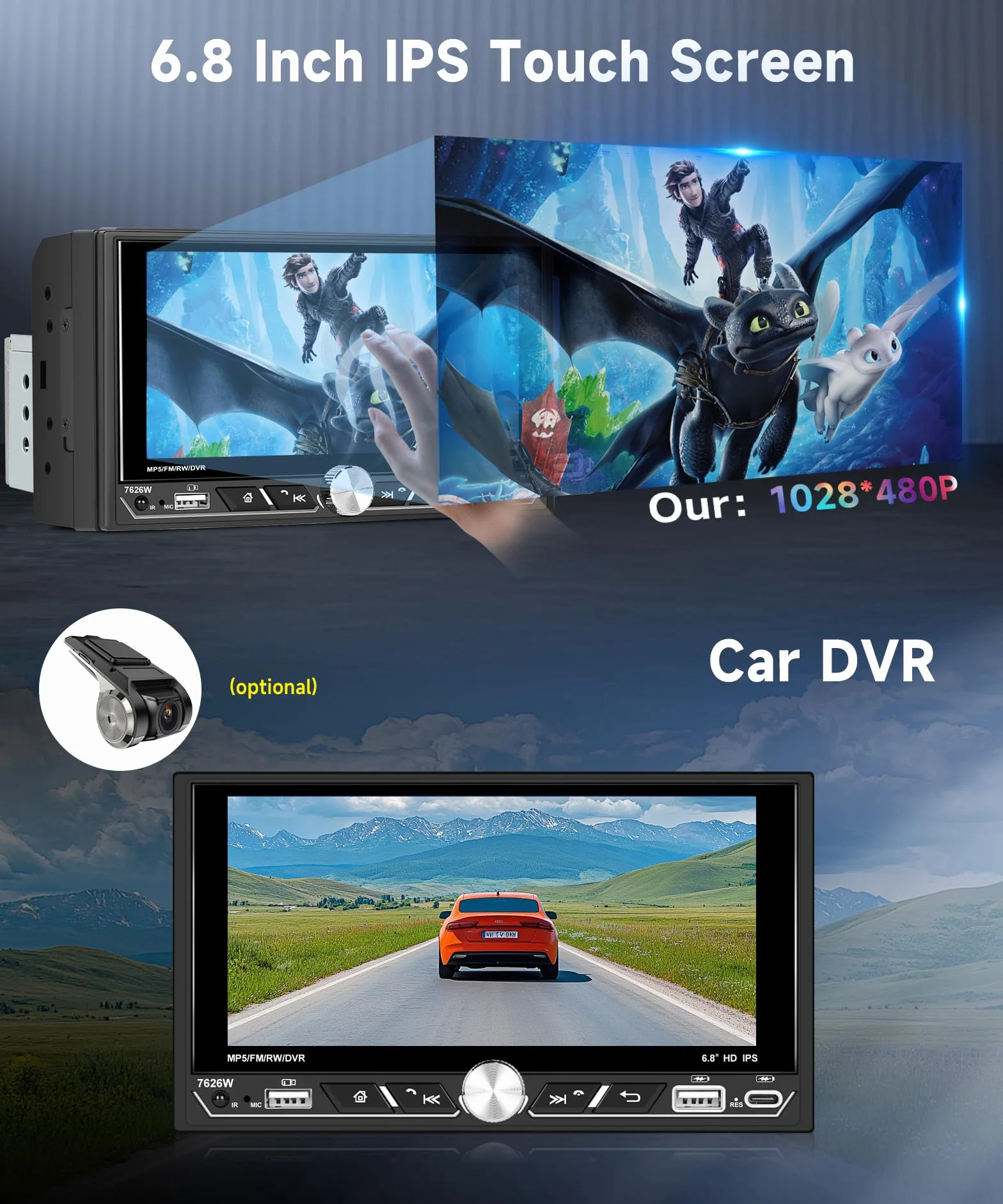 VECHTEL Radio samochodowe 2 Din z bezprzewodowym samochodem z funkcją Carplay z systemem Android, 6,8" IPS HD, ekran dotykowy stereo, samochody, obsługa Bluetooth 5.2 FM/AM/RDS 2USB / typ C Mirror