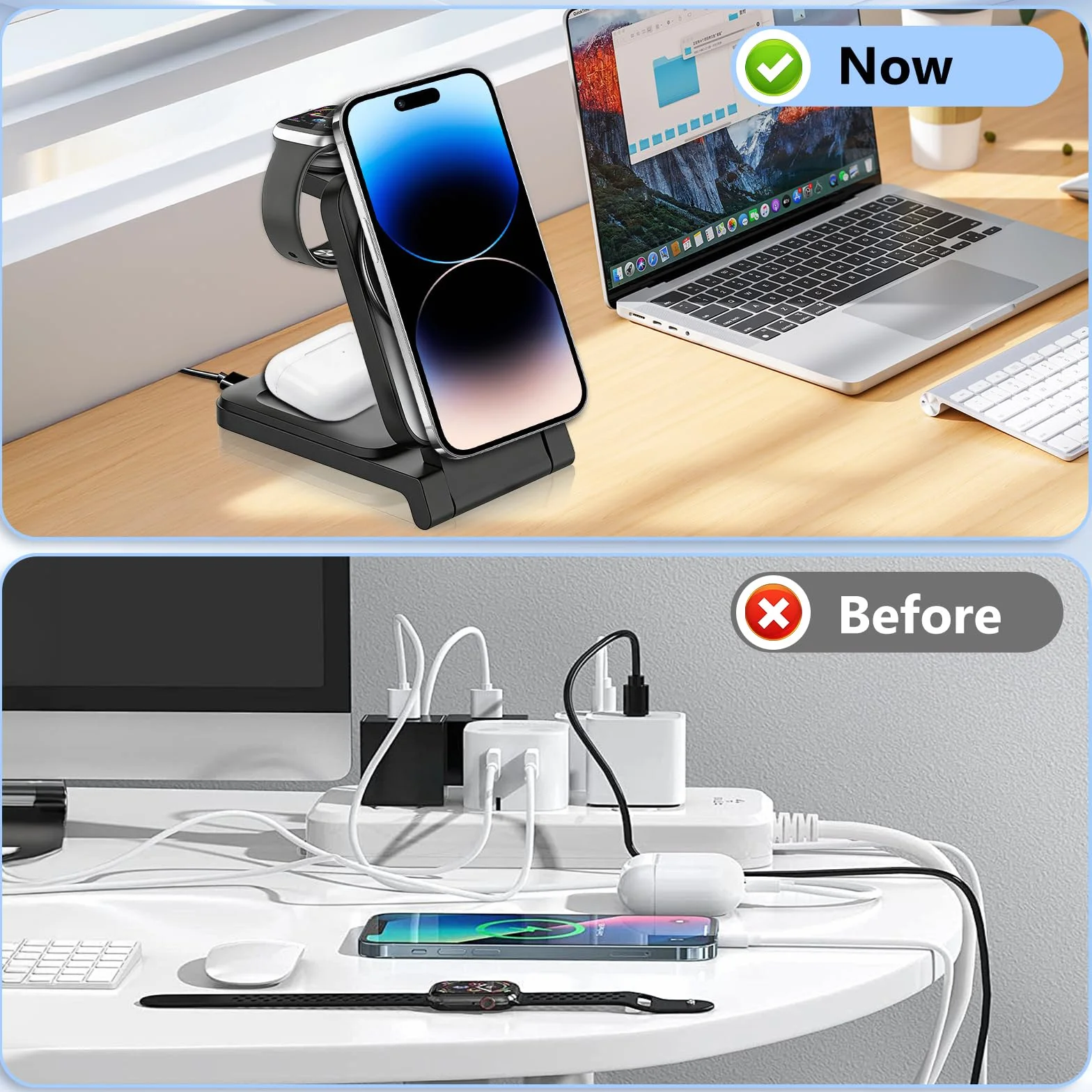 Ładowarka Bezprzewodowa 3-w-1, Stacja Ładowania Indukcyjnego, Podstawka do Szybkiego Ładowania, Wireless Charger do iPhone 17 Air 16e 16 15 14 13 12 11 oraz Apple Watch i AirPods