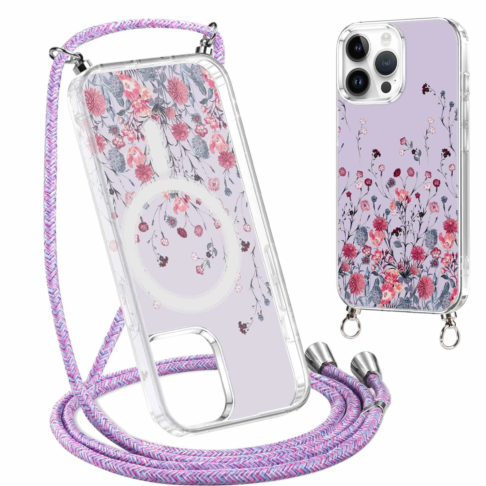 Yoedge Magnetyczne etui ze smyczą do iPhone'a 16 Pro 6,3 cala kompatybilne z MagSafe, etui ze sznurkiem naszyjnik pasek na ramię, przezroczysty TPU silikonowy odporny na wstrząsy futerał z