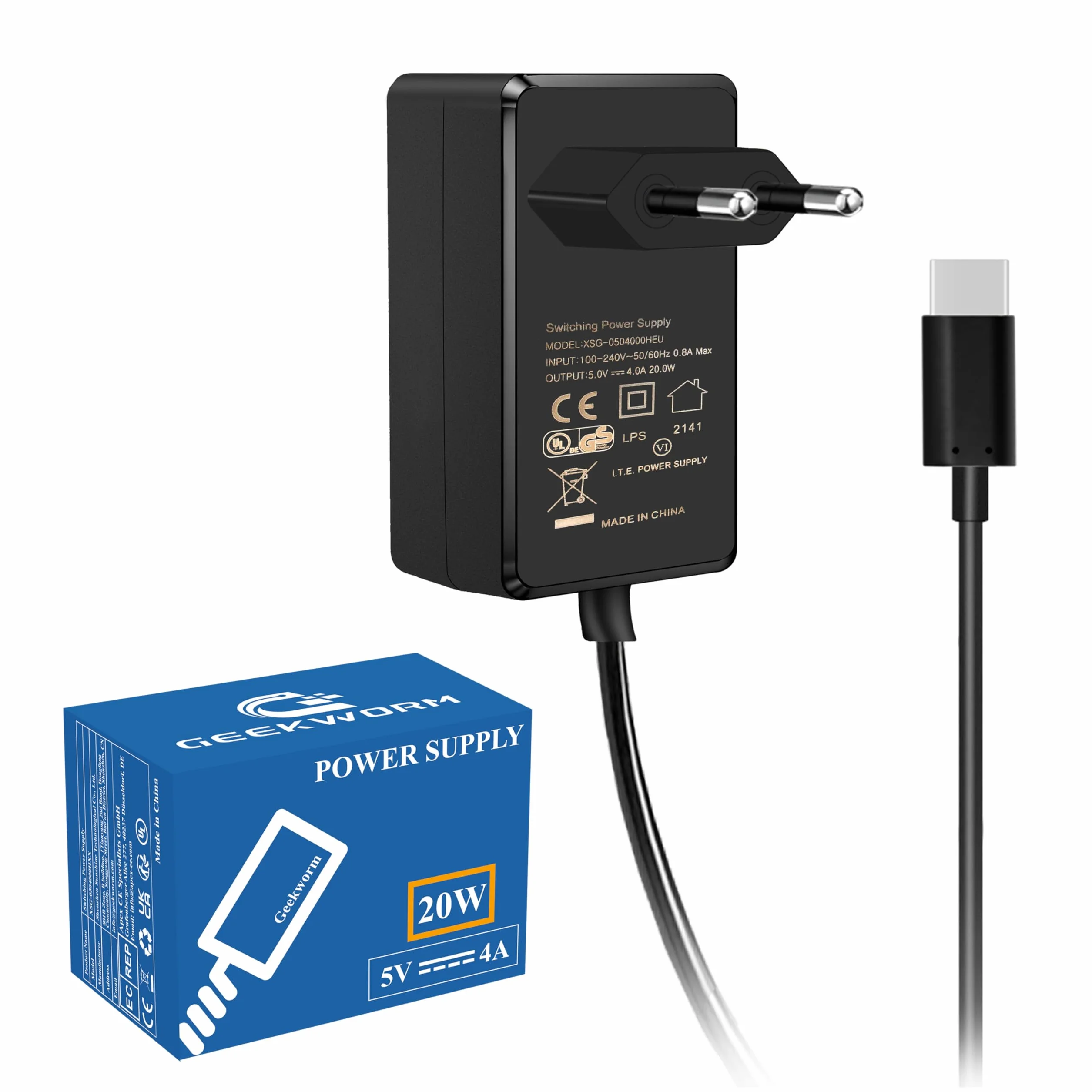 Geekworm Raspberry Pi 4 Zasilacz Power Supply, USB-C 5V 4A 20W Power Adapter Charging for Raspberry Pi 4 Model B 8GB / 4GB / 2GB / NASPi / X735 / X708 / X728 / X630 / Pi 400 / Orange Pi 5 / 5B / 5 Plus