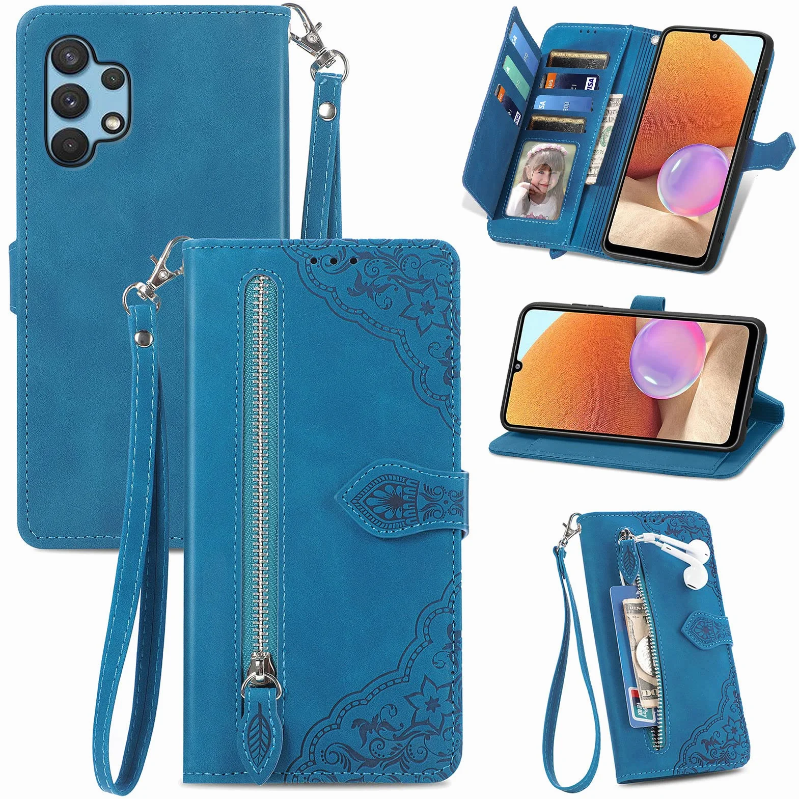 Etui na Samsung Galaxy A32 4G, klapką skórzane etui z zamkiem błyskawicznym zapięcie magnetyczne z podpórką i przegródkami na karty odporne na uderzenia - Niebieski
