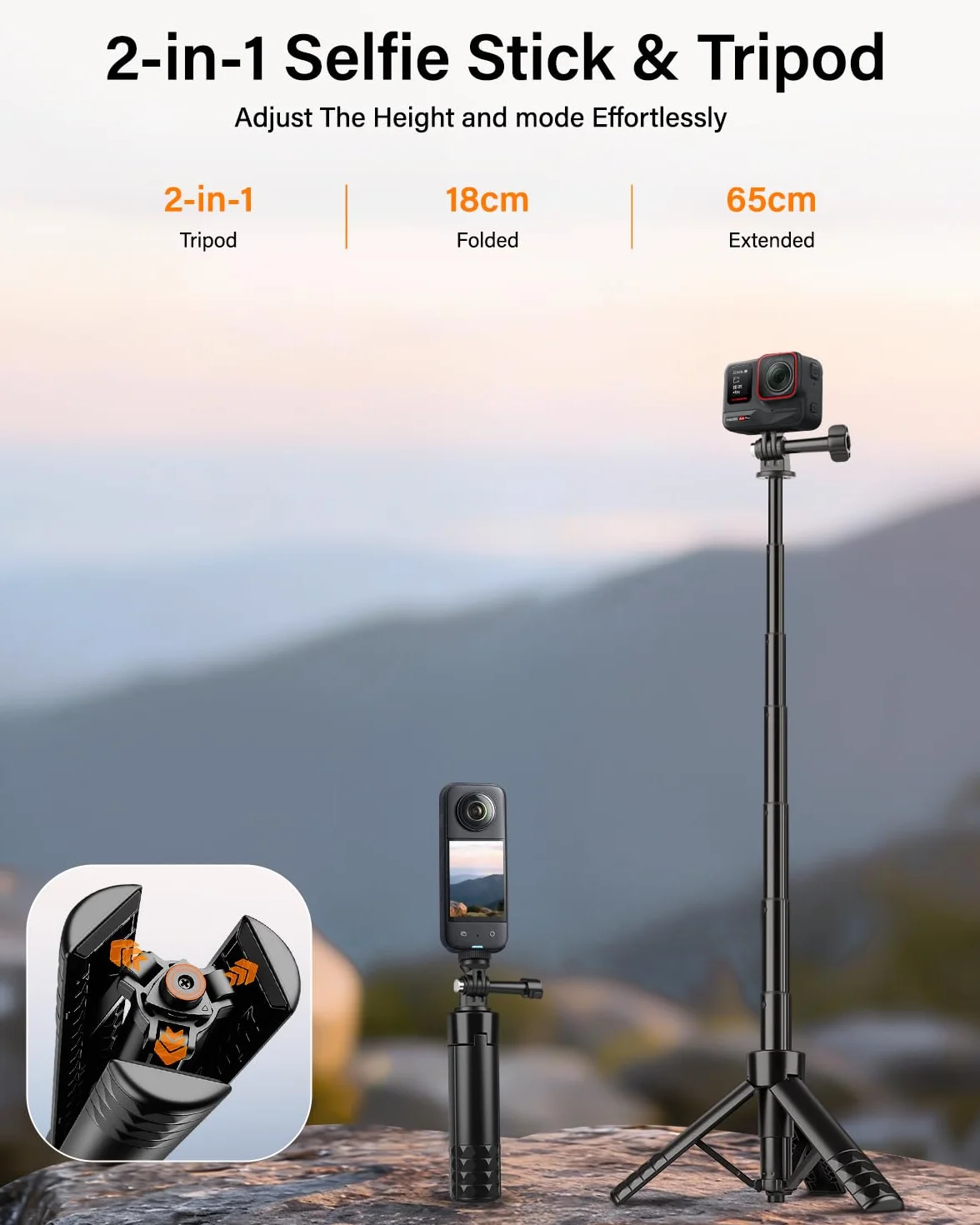 Nineigh 25,6-calowa Mini Kijek do Selfie z Statywem dla Kamer Akcji Kompatybilny z GoPro, DJI Osmo Pocket 3, Insta360, Rozsuwany Stołowy Statyw/Przewodnia Ręczna Statyw do Vlogowania
