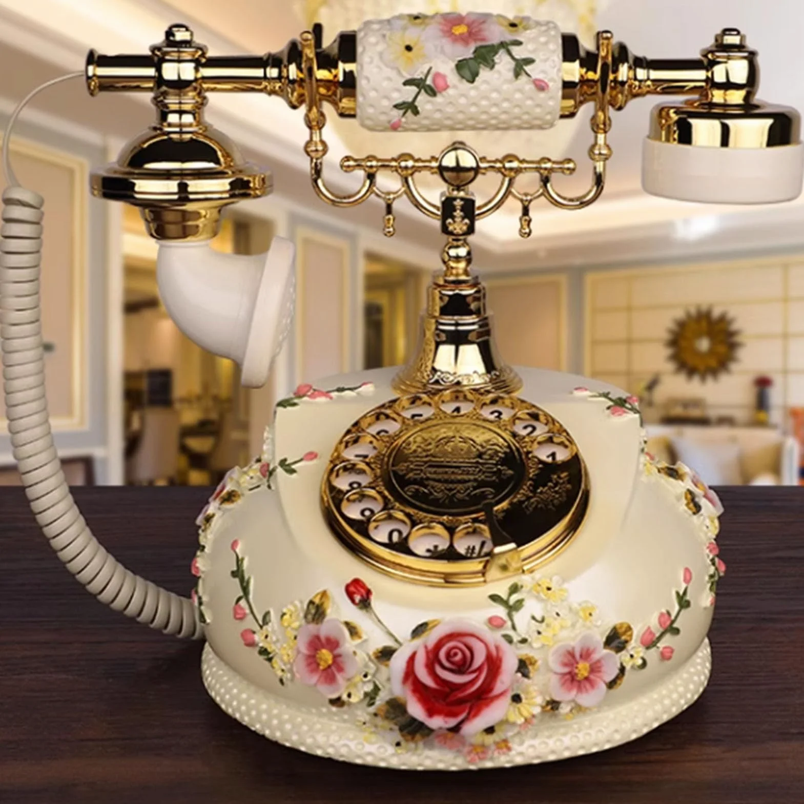 Zabytkowy telefon stacjonarny z obrotową tarczą, antyczny telefon dekoracyjny do domu, biura, hotelu