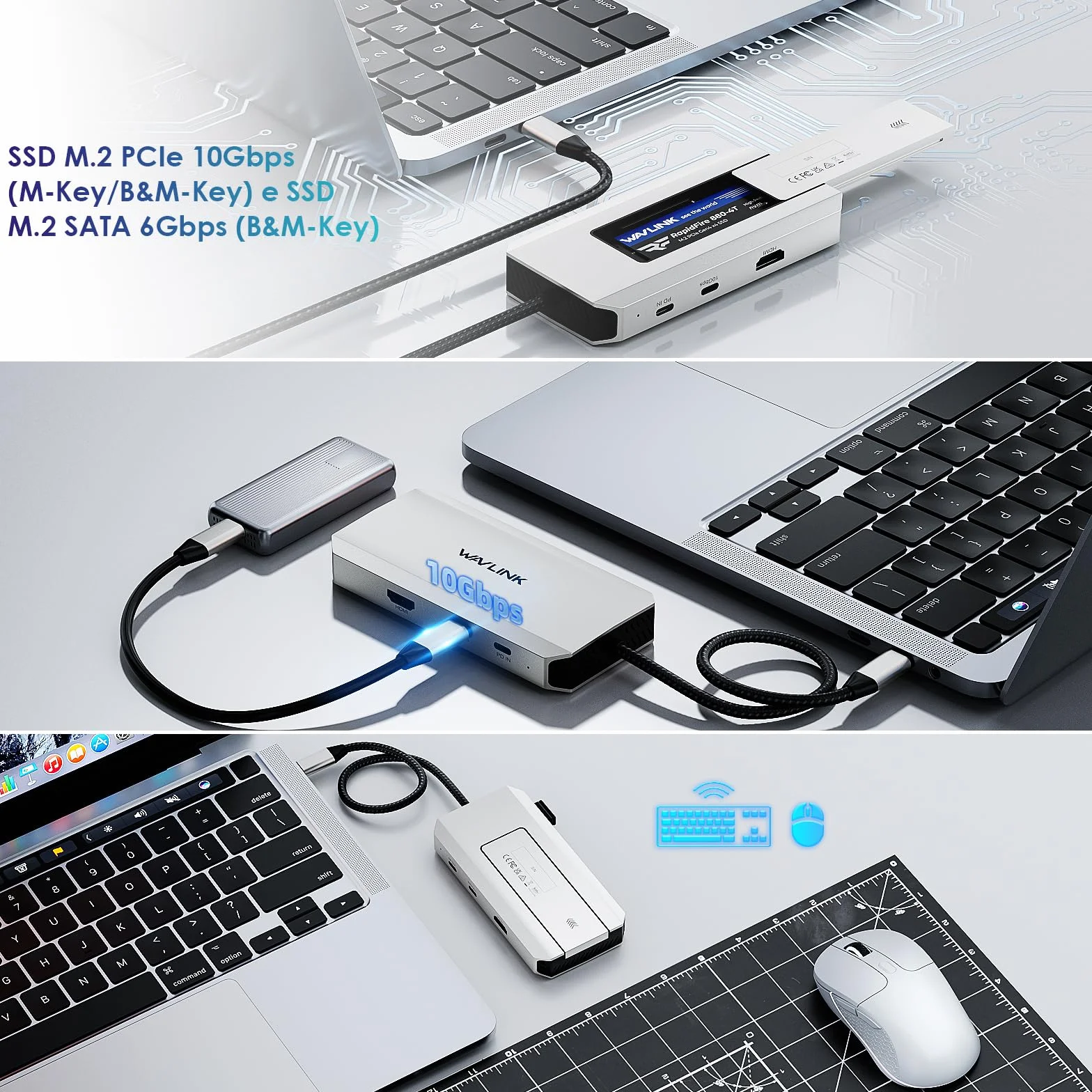 Hub USB-C, WAVLINK 10 Gbit/s koncentrator USB C ze złączem M.2 PCIe/SATA SSD, HDMI, 100-W-PD, USB-A&C 3.2/2.0, SD&TF, kompatybilny z MacBookiem/Chromebookiem/Dell/HP/Lenovo