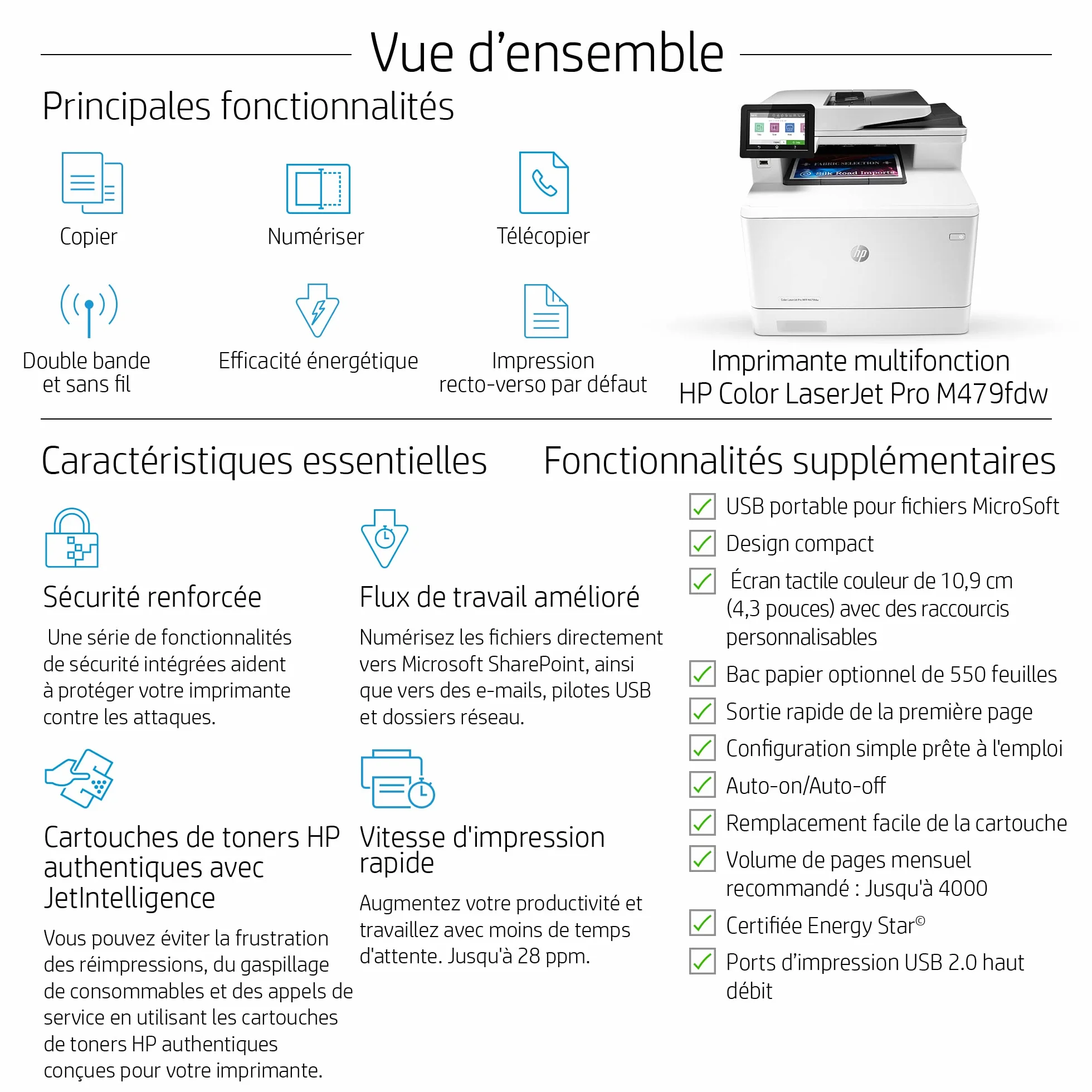 HP M479fdw Colour LaserJet Pro Drukarka Wielofunkcyjna, 39.88 x 47.24 x 41.66 cm, Biały