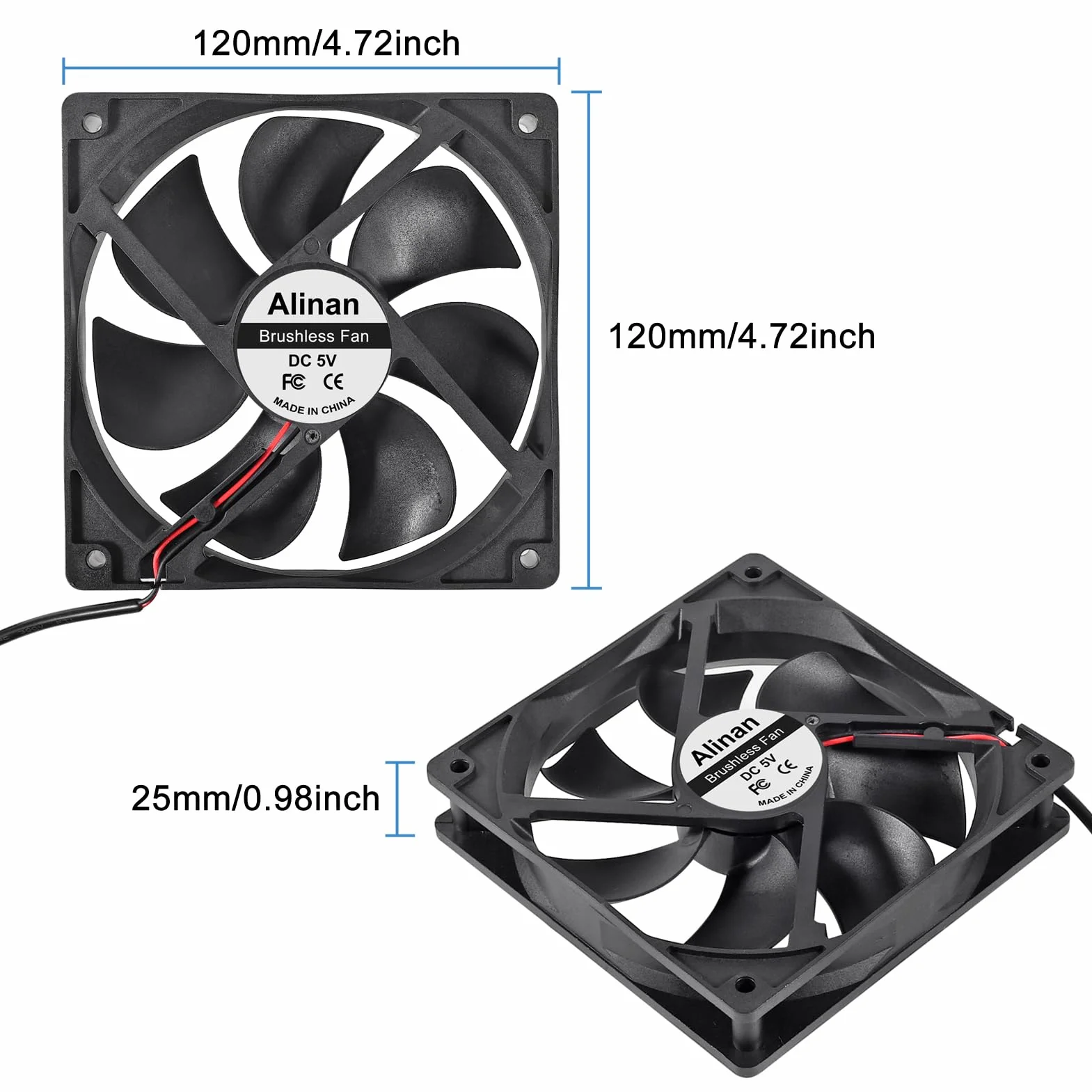 Alinan Wentylator USB, 120 x 120 x 25 mm, 5 V, 2000 obr./min, 66,3 CFM, 31,5 dBA wentylator komputerowy i elektroniczny, 4 sztuki