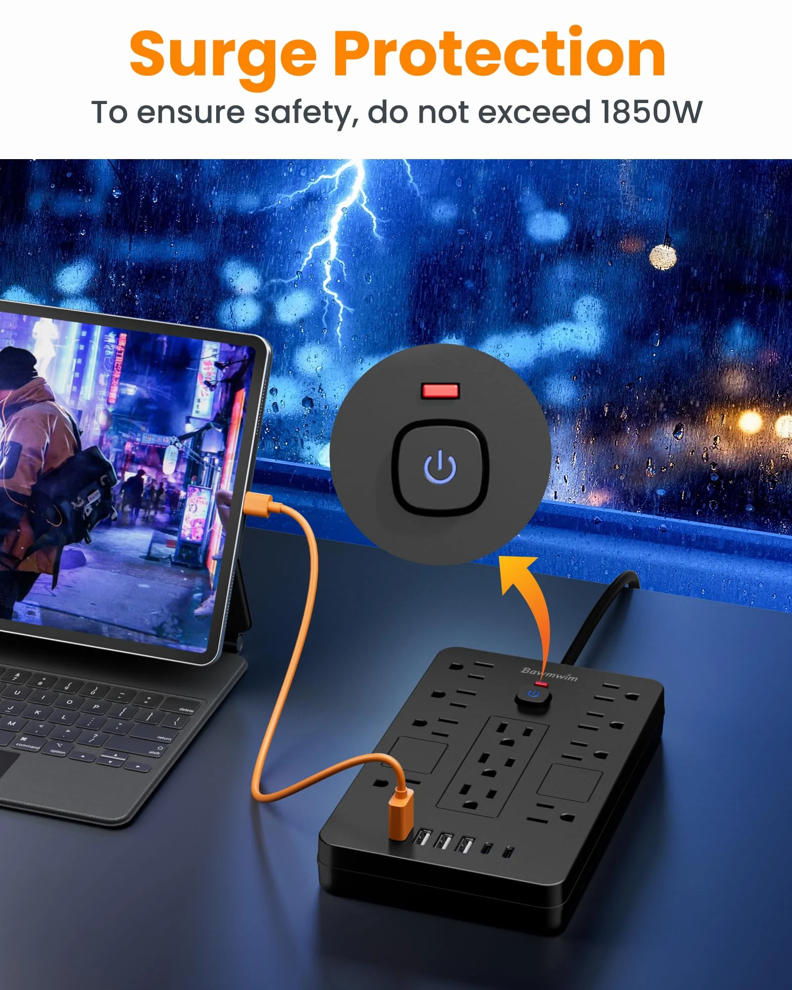 Listwa zasilająca z ochroną przeciwprzepięciową, 11 gniazd (1850 W/15 A) z 6 portami USB (2 USB C), płaski kabel przedłużający 1,8 m, do montażu na ścianie, czarna