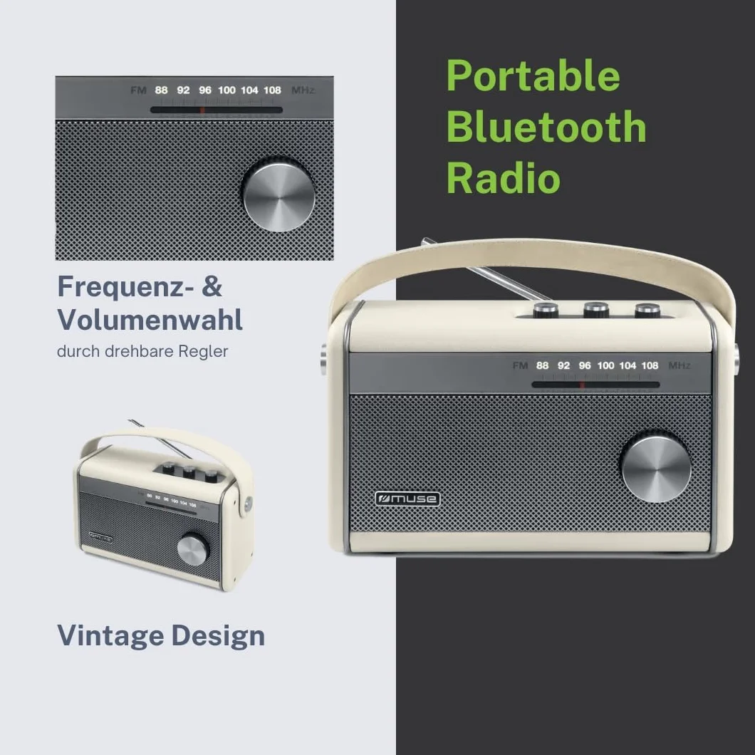 Muse M-098 SC przenośne radio Bluetooth, radio FM moc wyjściowa 10 W, antena teleskopowa FM, podświetlany wskaźnik częstotliwości, USB-C, gniazdo słuchawkowe, radio akumulatorowe, zasilacz w zestawie