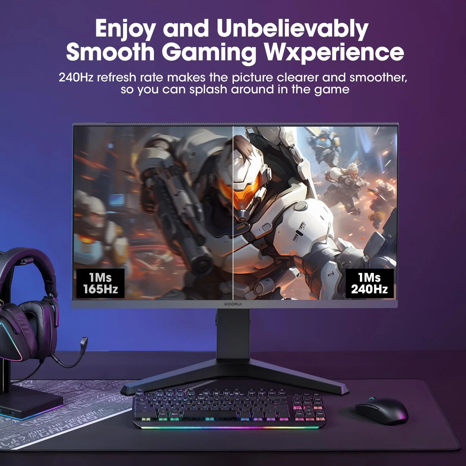 KOORUI Gaming Monitor 27 Zoll - WQHD Bildschirm PC, 240Hz, 1ms, FreeSync, kompatybilność z Gsync, (2560x1440, HDMI, DisplayPort, HDR 400) schwarz/rot