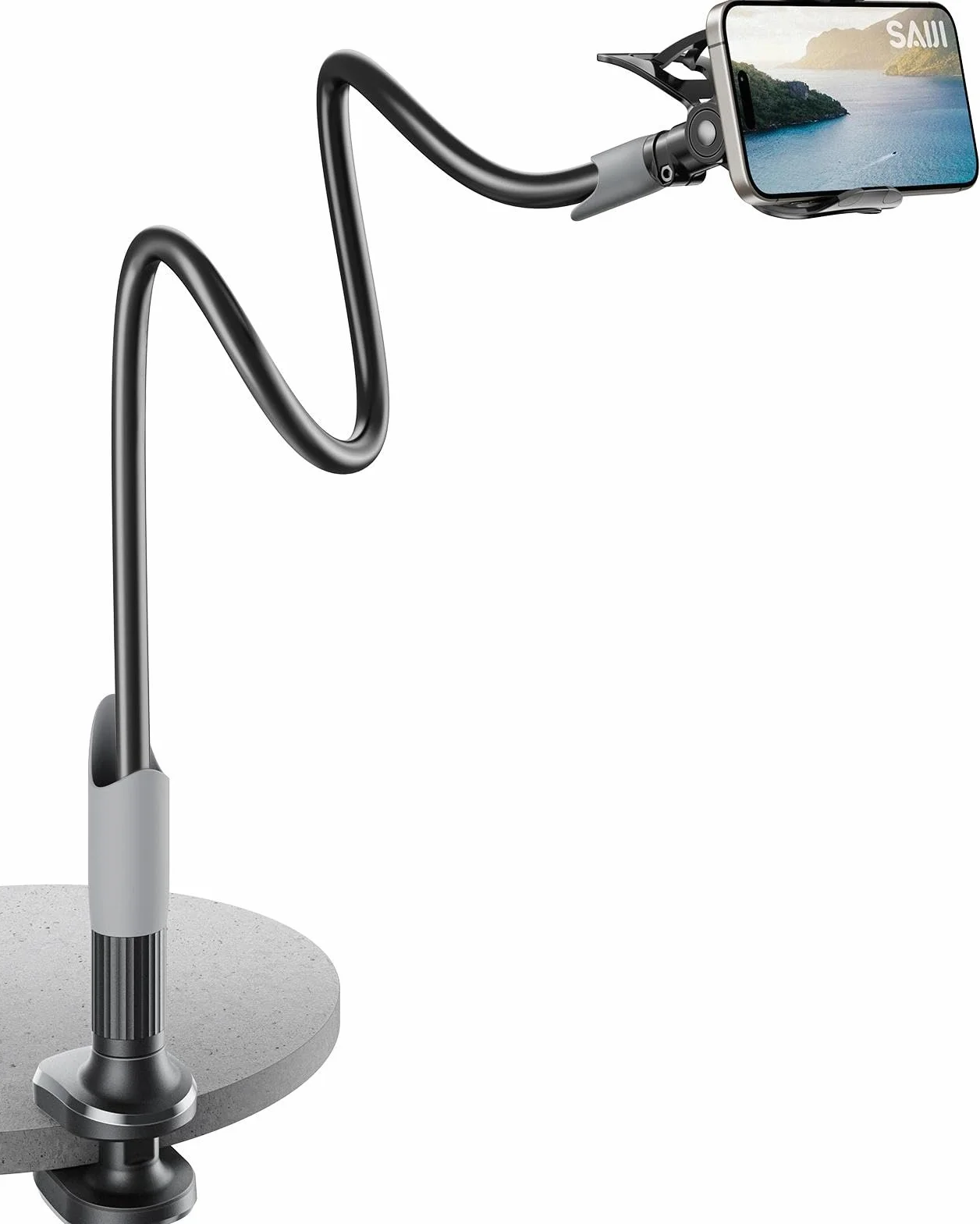 SAIJI Uchwyt na telefon komórkowy łóżko gęsia szyja uchwyt na telefon komórkowy 360 stopni długie ramię dla iPhone 17 16 15 14 13 12 Pro 4-7 cali (czarny)