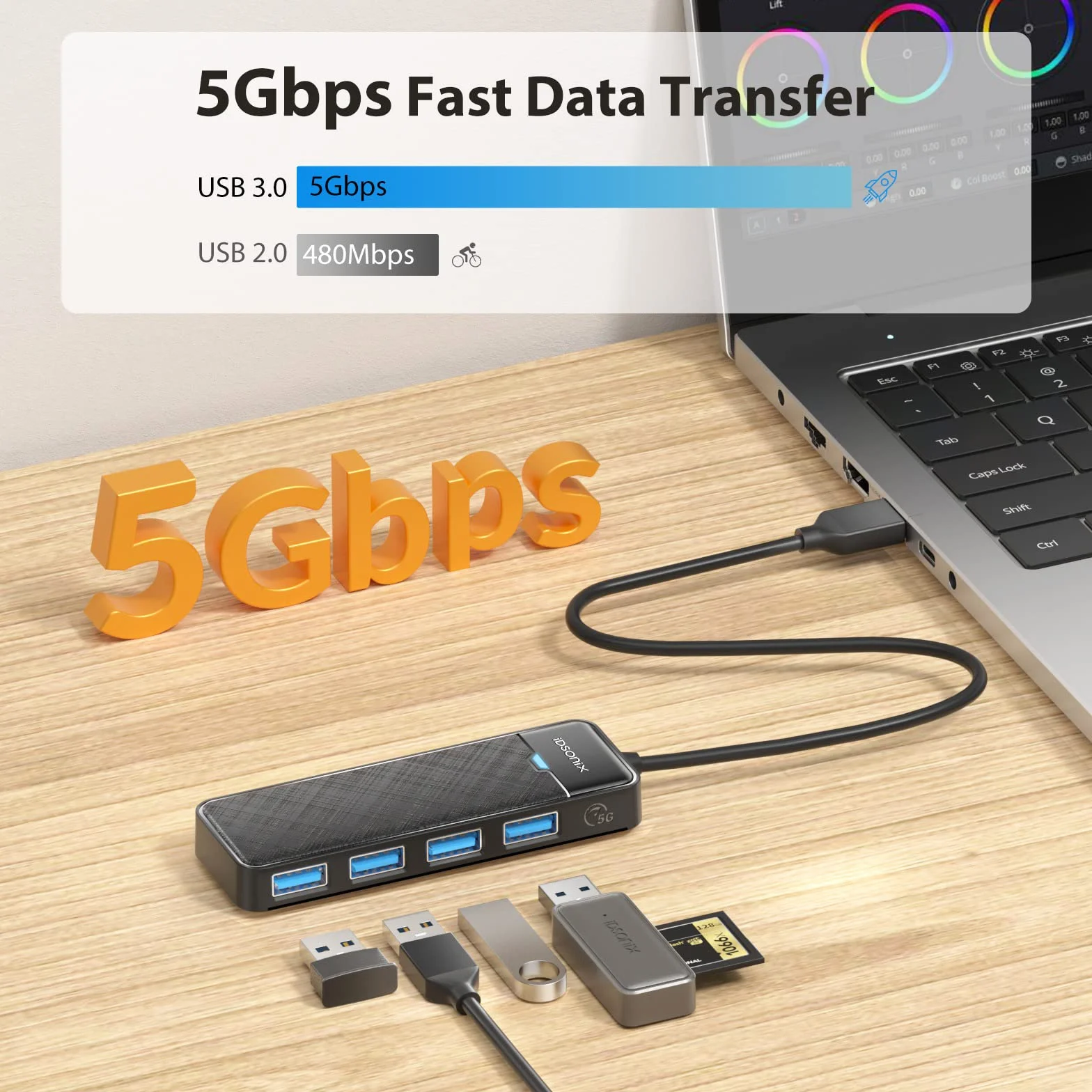 iDsonix Hub USB 3.0 z rozszerzonym kablem o długości 180 cm, 4-portowy hub USB 3.0, ultra cienki rozdzielacz USB, adapter wieloportowy do laptopa, komputera, MacBooka, pendrive'a, czarny