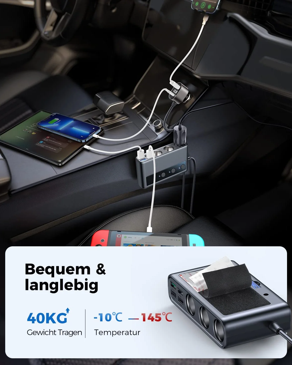 JOYROOM Rozdzielacz zapalniczki, adapter do ładowarki samochodowej 154 W, 3-komorowy rozdzielacz kabla ładującego 12 V/24 V z 5 portami USB do iPhone'a 15/iPada/Dashcam/GPS/ogrzewania siedzenia