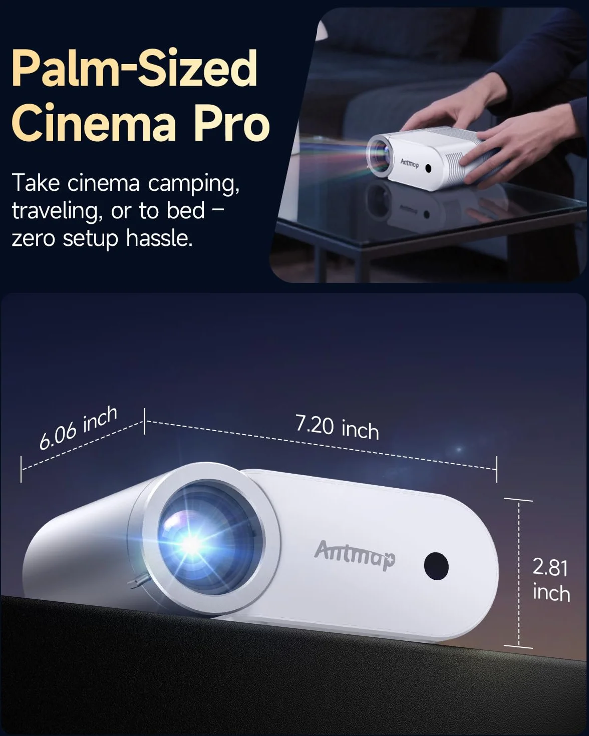 Mini projektor z WiFi i Bluetooth, 400 ANSI projektory zewnętrzne 1080p do iPhone'a, projektor kina domowego, obsługa 4K, do sypialni, 508.0 cm, bezprzewodowe projektory WiFi do smartfona/HDMI/USB/TV