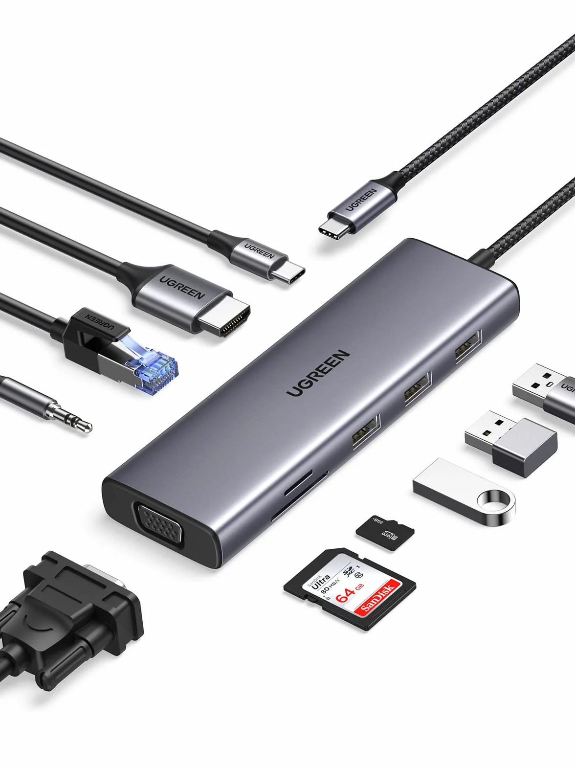 UGREEN Stacja dokująca USB typu C z 4K HDMI, VGA, USB A 3.0, PD100W, Ethernet, 3,5 mm audio, SD/TF