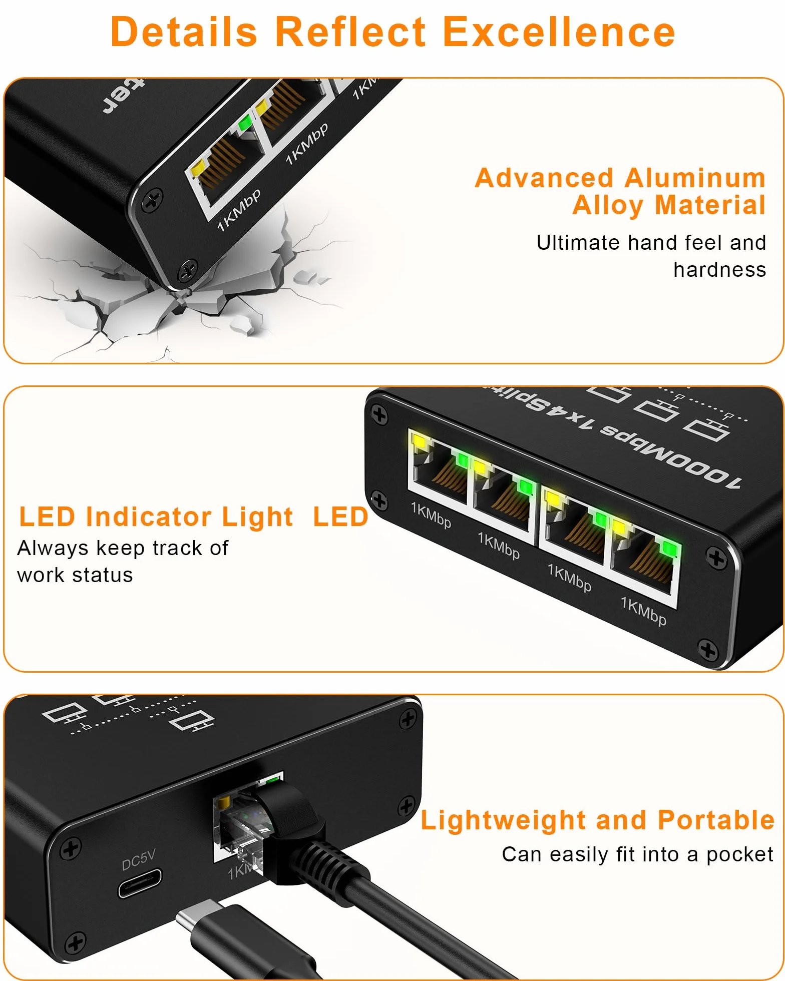 Rozdzielacz LAN 1 na 4 RENGOGA 1000 Mbps Ethernet 4 porty Gigabit RJ45 Switch