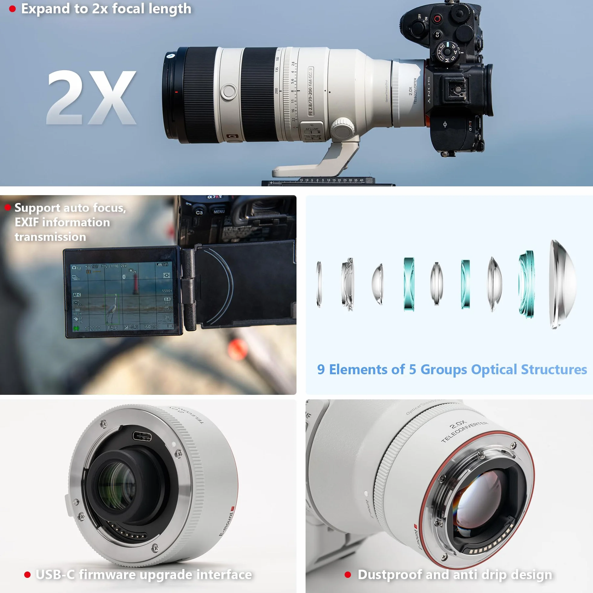 VILTROX TC-2.0X Telekonwerter do Sony E Mount Teleobiektyw Extender Autofokus kompatybilny z obiektywem SEL70-200GM SEL100-400GM SEL200-600G