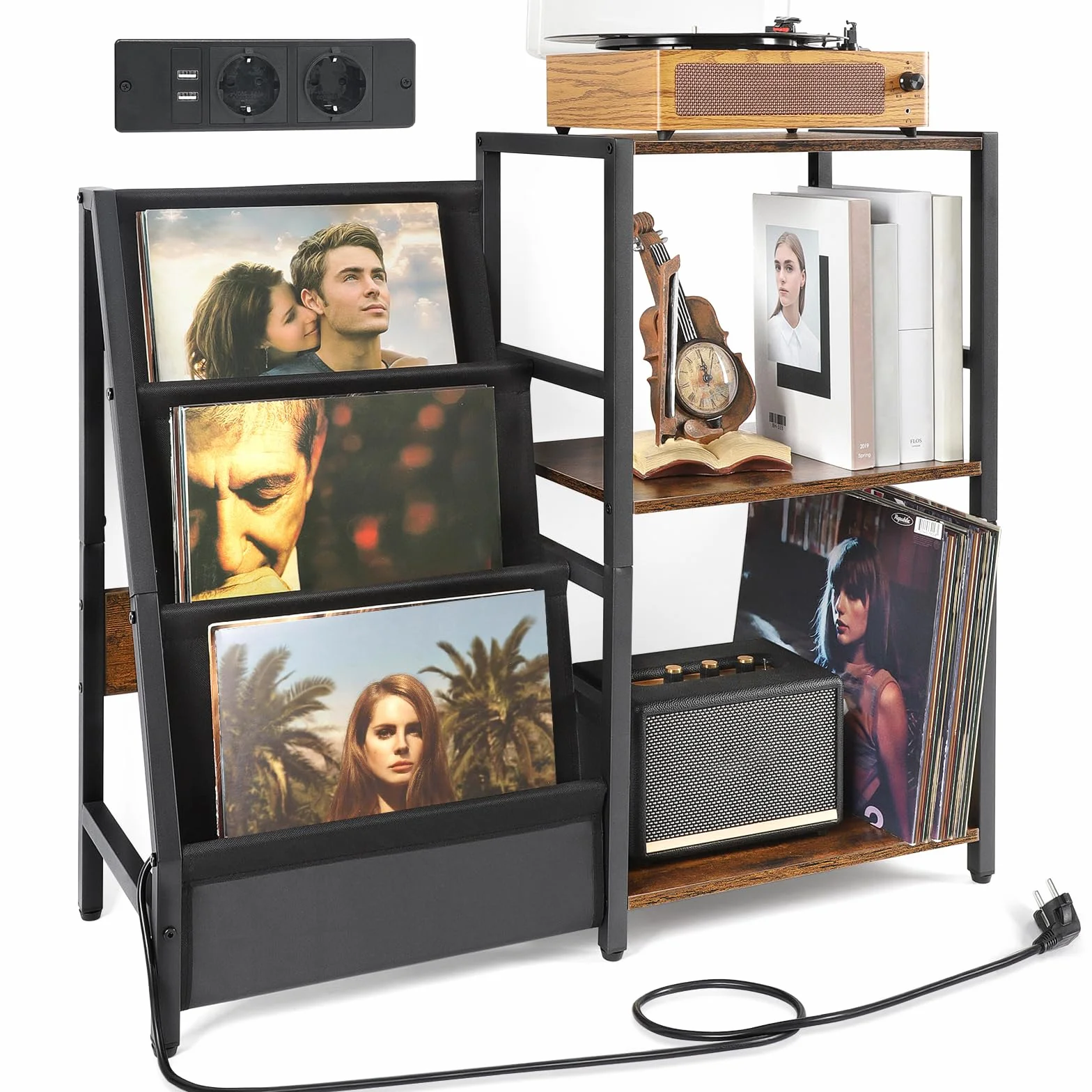 Stojak na Gramofon z Gniazdem Zasilania, Stolik Końcowy z 3-poziomowym Schowkiem na Płyty Winylowe, Stolik na Gramofon do 200 Albumów, Stojak na Płyty Winylowe, Szafka na Płyty Winylowe do Salonu