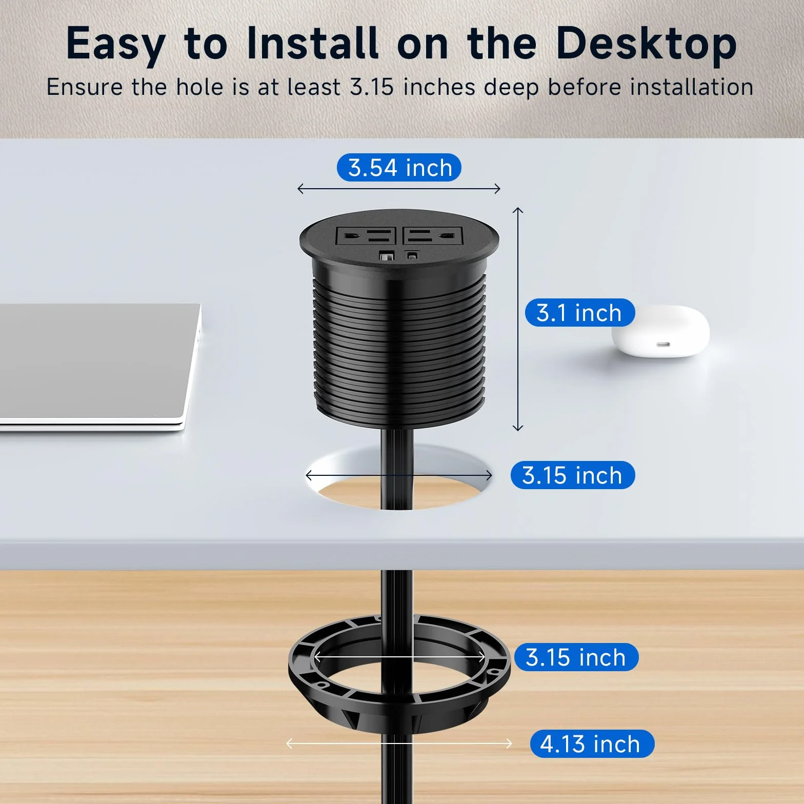 8,9 cm (3,1 cala) złącze zasilania komputerowego z USB-C PD 20 W i USB-A, gniazdko podtynkowe z 2 wtyczkami prądu zmiennego 125 V/15 A, kabel o długości 1,8 m, gniazdko komputerowe
