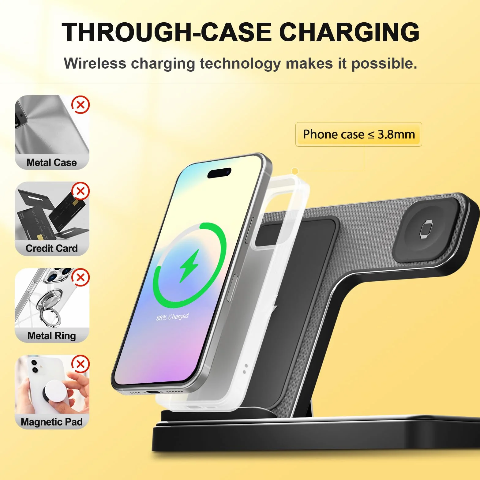 Bezprzewodowa stacja ładująca: do iPhone 16e 16 15 14 13 12 Series - AirPods Pro 4 3 2 - Apple Watch Ultra Se 9 8 7 6 5 4 3 2 - Office Bedroom 3w1 poziomy stojak ze wskaźnikami ładowania