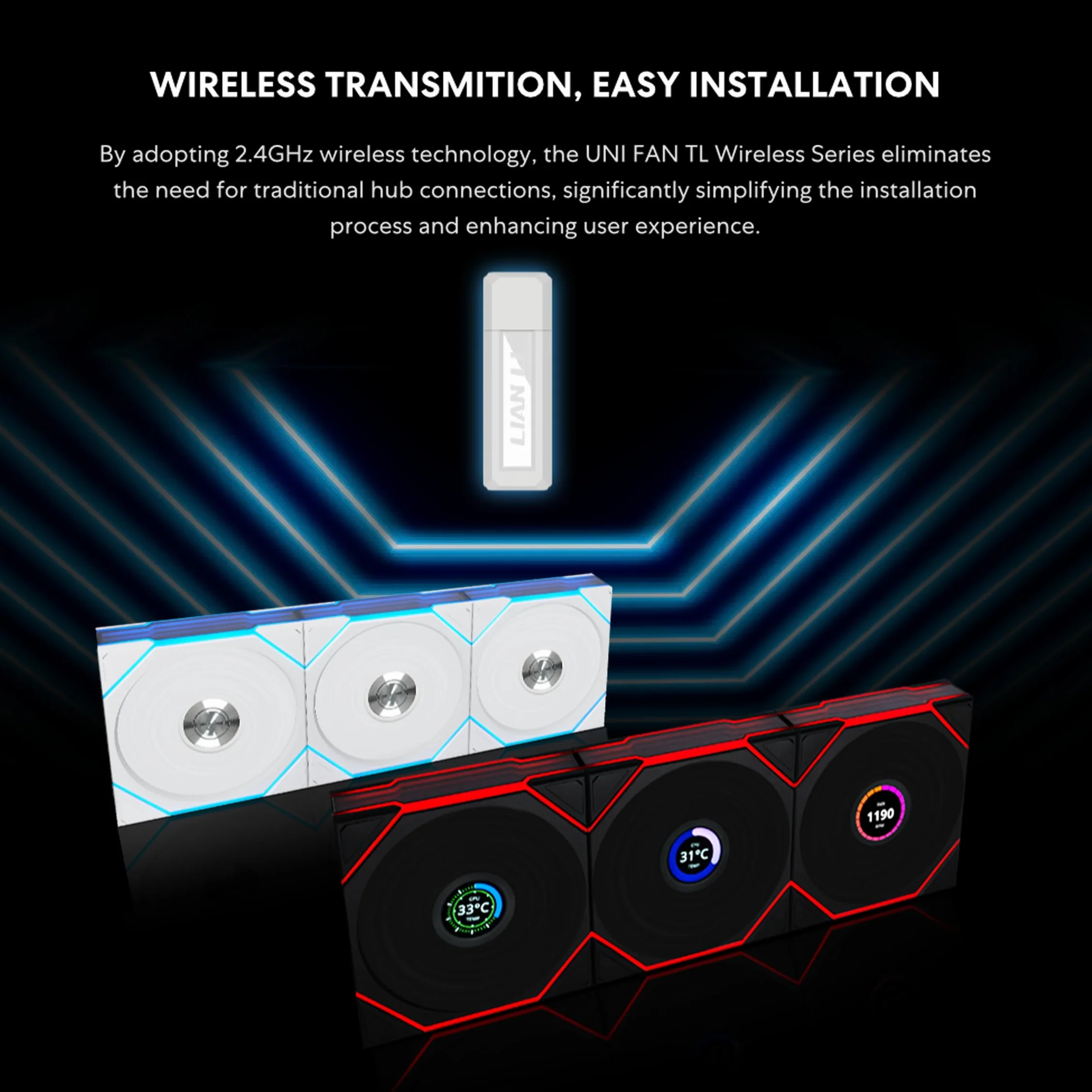 Lian Li UNI Fan TL LCD 120 Wireless - pojedyncze opakowanie (odwrotne ostrze) - kontroler nie jest dołączony - bezprzewodowe sterowanie 2,4 GHz - konstrukcja lustra nieskończoności - wymagany