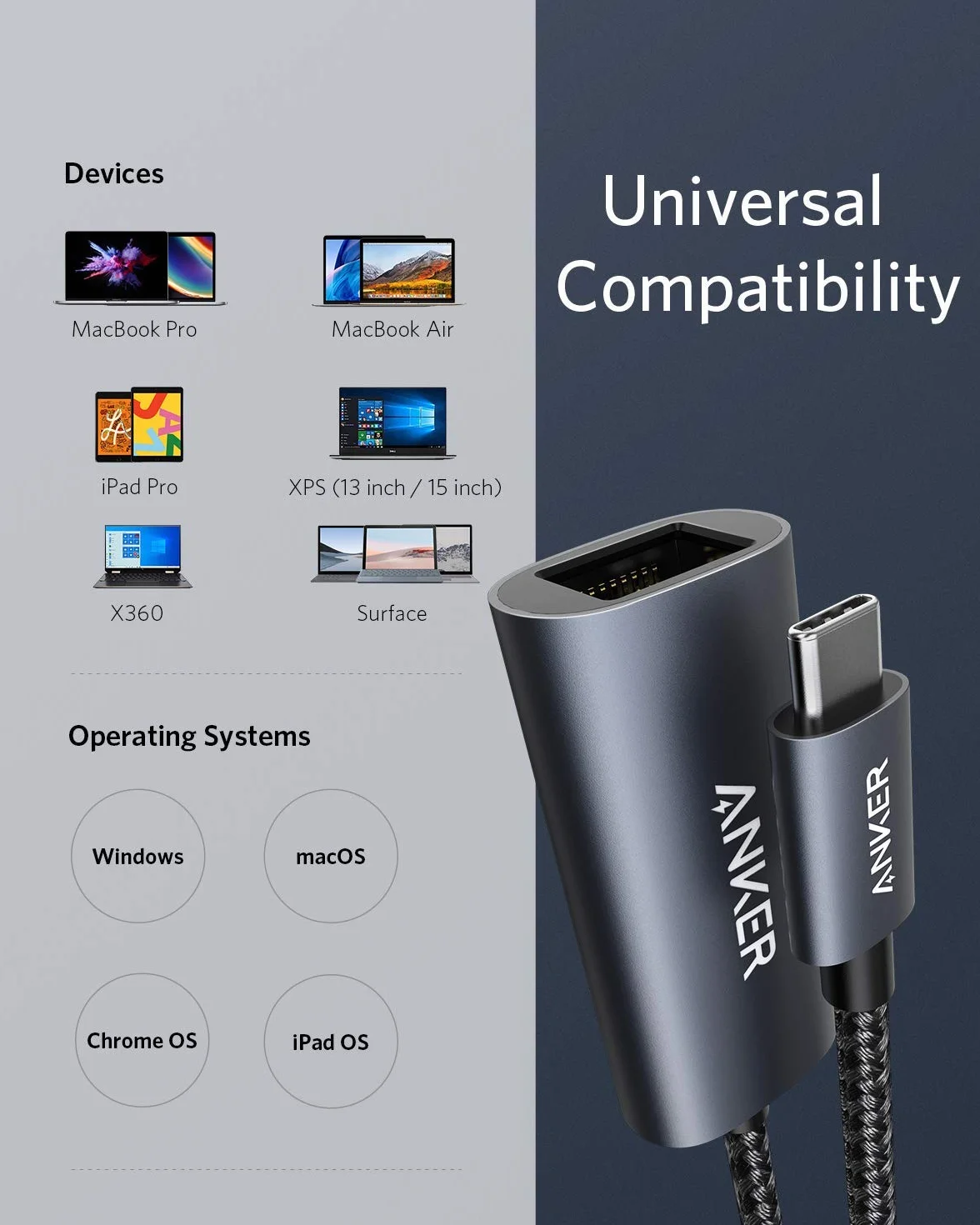 Anker Adapter PowerExpand USB-C na Gigabit Ethernet, aluminiowa kompaktowa konstrukcja USB-C adapter Ethernet do MacBook Pro, MacBook Air 2018, iPad Pro 2018, XPS i wielu innych