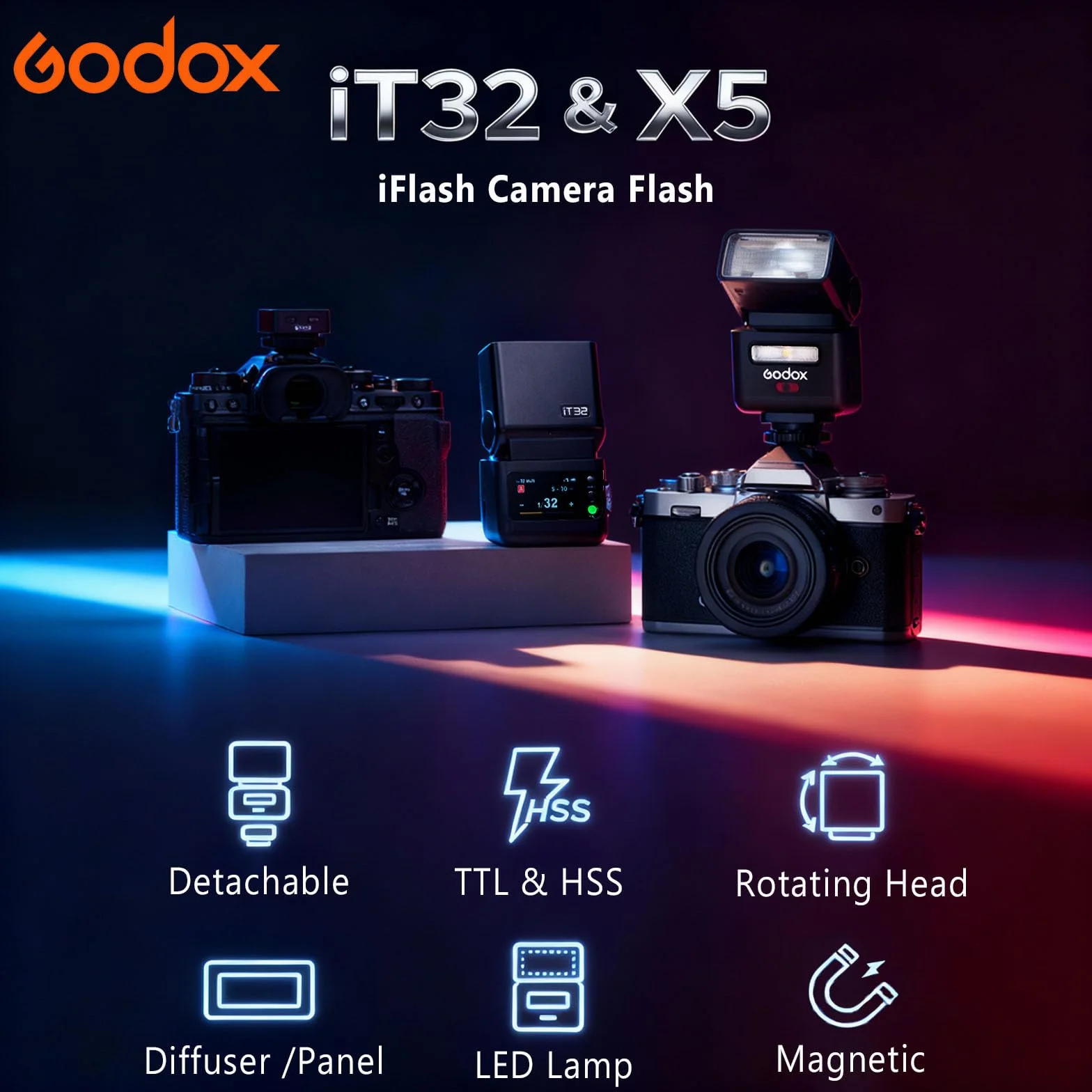 Godox iT32 TTL Mini Lampa Błyskowa z Nadajnikiem X5-F, Bezprzewodowy System 2.4G, HSS 1/8000s, Kompatybilny z Fujifilm X100VI XS20 XT5 XT30 II X-T4 GFX50S XM5