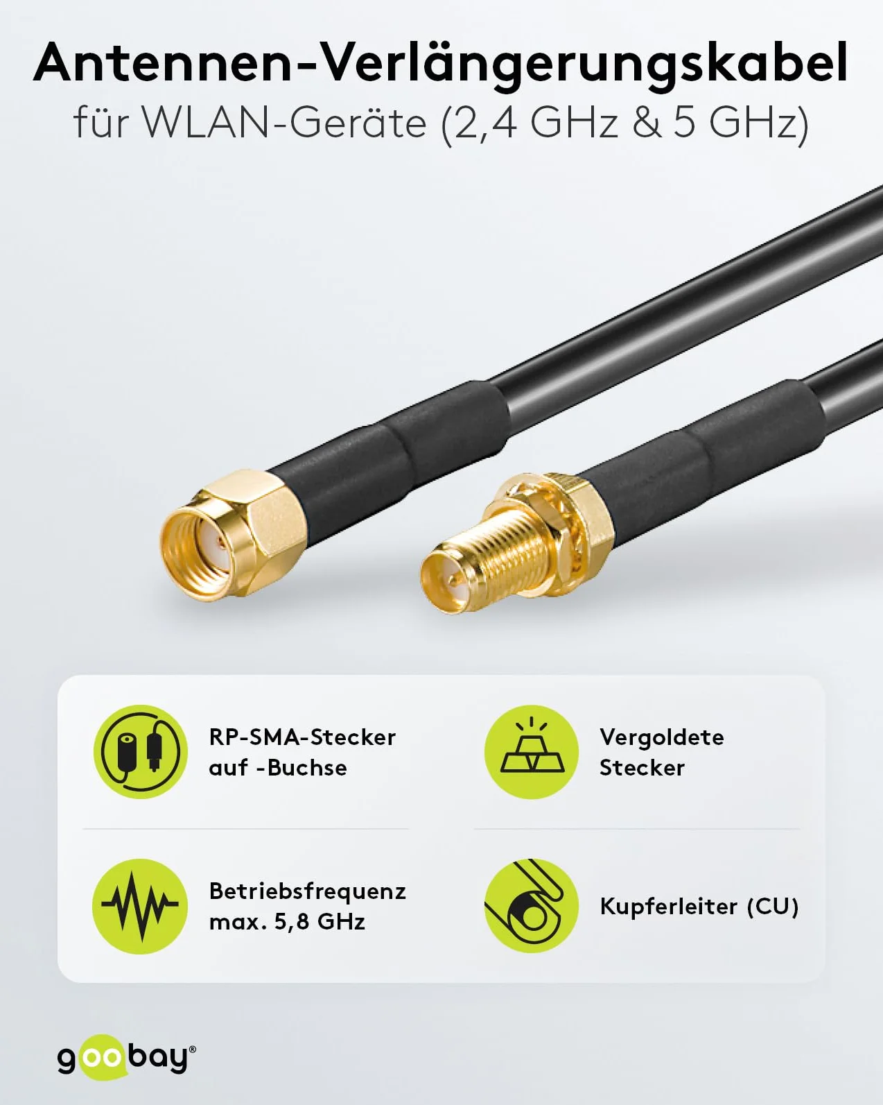 goobay 51676 kabel przedłużający do anteny Wi-Fi, wtyczka RP-SMA na gniazdo, 50 omów, kabel koncentryczny do 2,4 i 5 GHz, do optymalizacji zasięgu routerów i anten WLAN