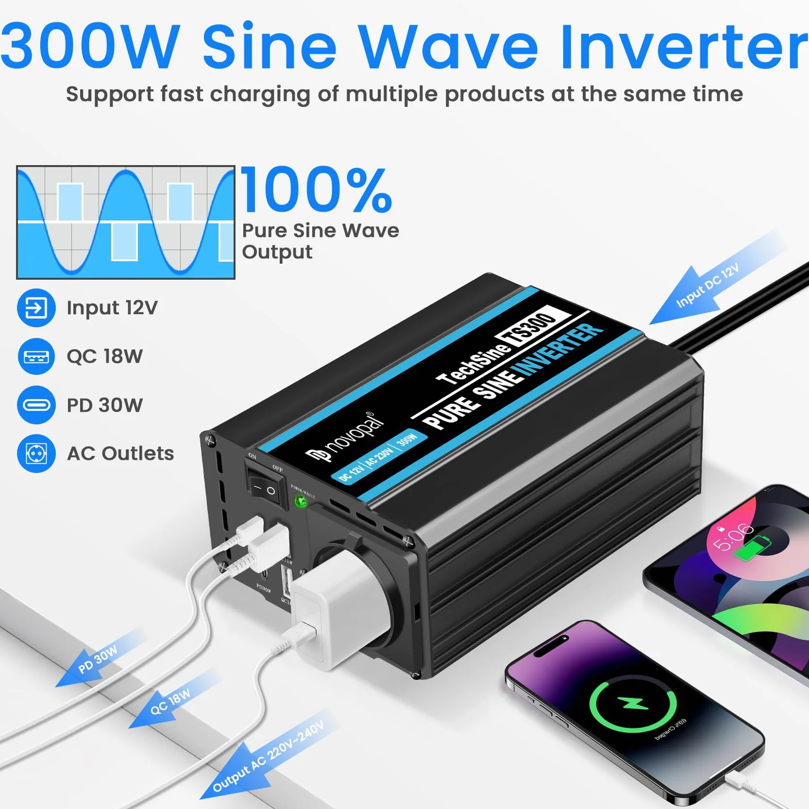 novopal Przetwornica napięcia 300 W, 12 V na 230 V, 1 gniazdo UE, 2 QC18W + 2 PD 30 W, moc szczytowa 600 W, falownik samochodowy, nadaje się do samochodów ciężarowych, na kemping, w podróży, do
