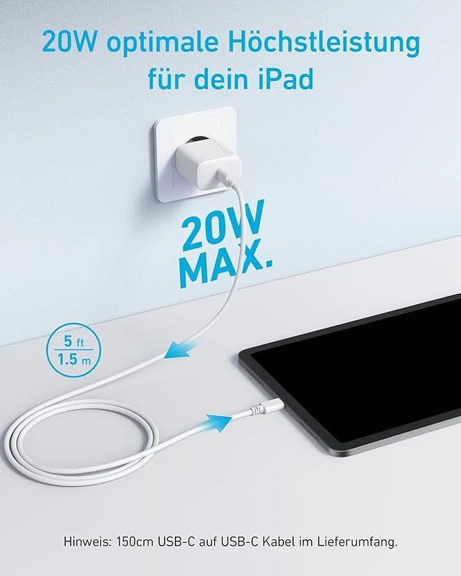 Anker Ładowarka ścienna 20 W USB-C kompatybilna iPhone 16/15/Pro/Pro Max iPad Pro 12.9/11 Air 5 z kablem 150 cm