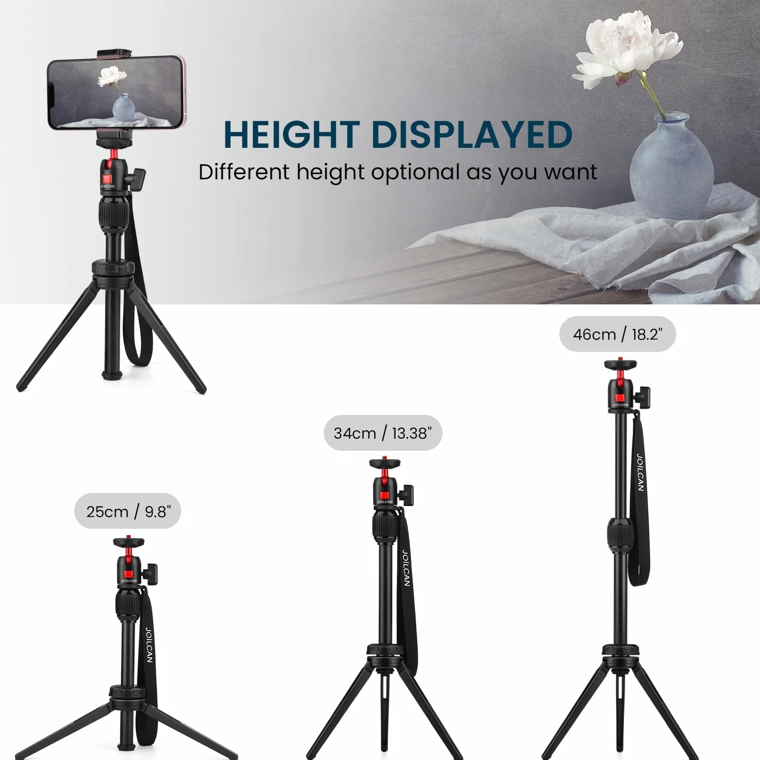JOILCAN Mini do aparatu, przenośny biurkowy z stopa aluminiowego, regulowana głowica kulowa 360°, ręczny do iPhone'a, Canon G7X Mark i Sony, obciążenie 4 kg
