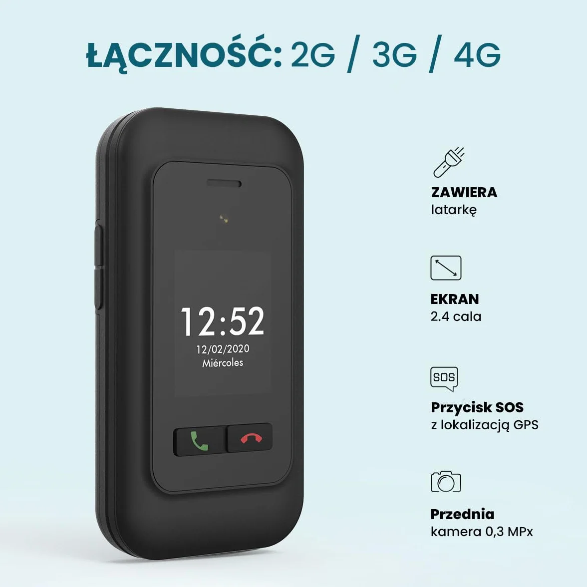 ADOC SC01, Telefon komórkowy przeznaczony dla osób starszych, duże klawisze, Przycisk SOS, Bluethooth, Wi-Fi, RAM 48MB, ROM 128MB, MicroSIM, MicroSD, Bateria 1.000 mAh, CE RoHS GCF, czarny.