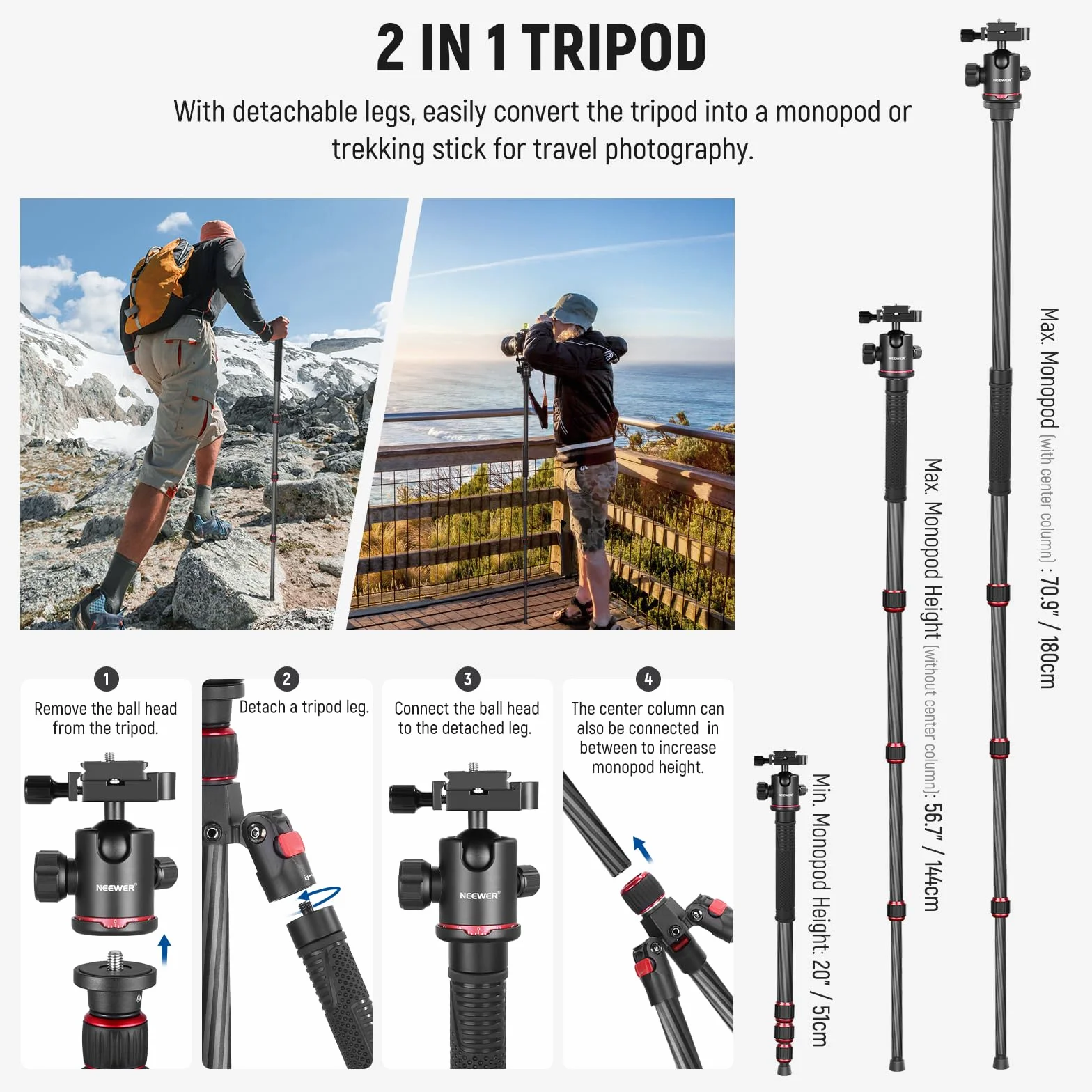 Neewer Statyw jednonożny z włókna węglowego 168 cm z głowicą kulową 360 stopni, płytka do szybkich butów 1/4", torba do przenoszenia lustrzanek cyfrowych, kamery wideo, obciążenie do 12 kg